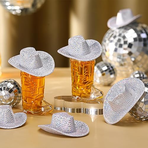 Miniatura 5 de Vesici 20 vasos de tiro de bota de vaquero de 1 onza plateados, mini sombrero de vaquera occidental, decoración de fiesta de despedida de soltera,