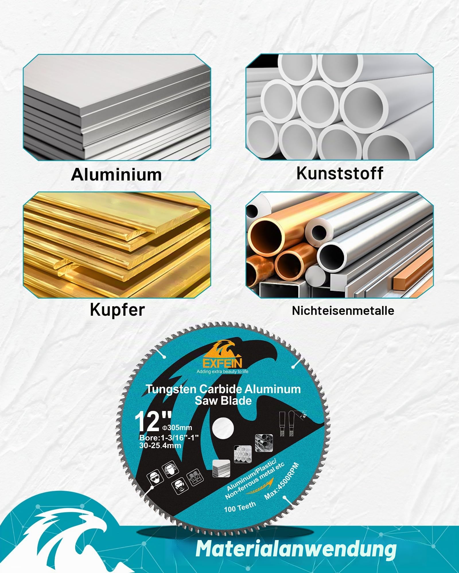 305x30mm Aluminium und Nichteisenmetall-Sägeblatt, 100 TCG-Zähne Feines Schneiden für Metall und Kunststoff