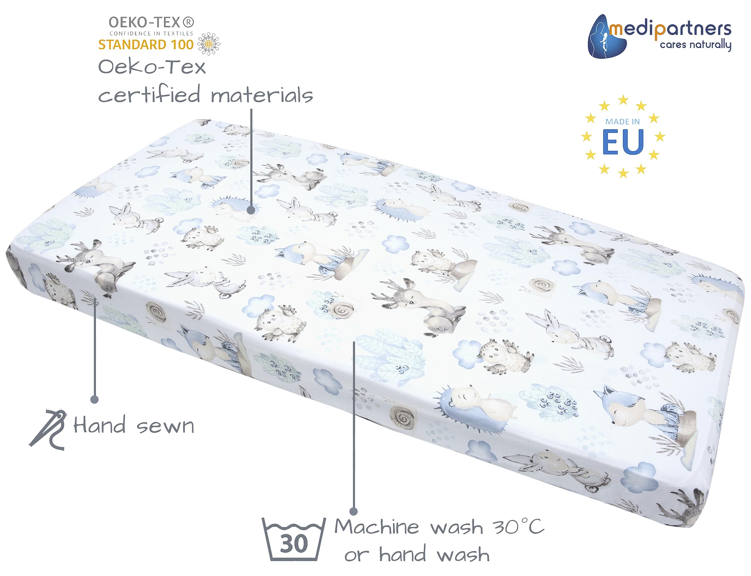 Medi Partners Set of 3 pcs. Fitted Sheet 60x120 cm 100% Cotton Baby Bed Linen Mattress Cot, Deer and Hedgehogs-white-grey, Three pack - Image 3