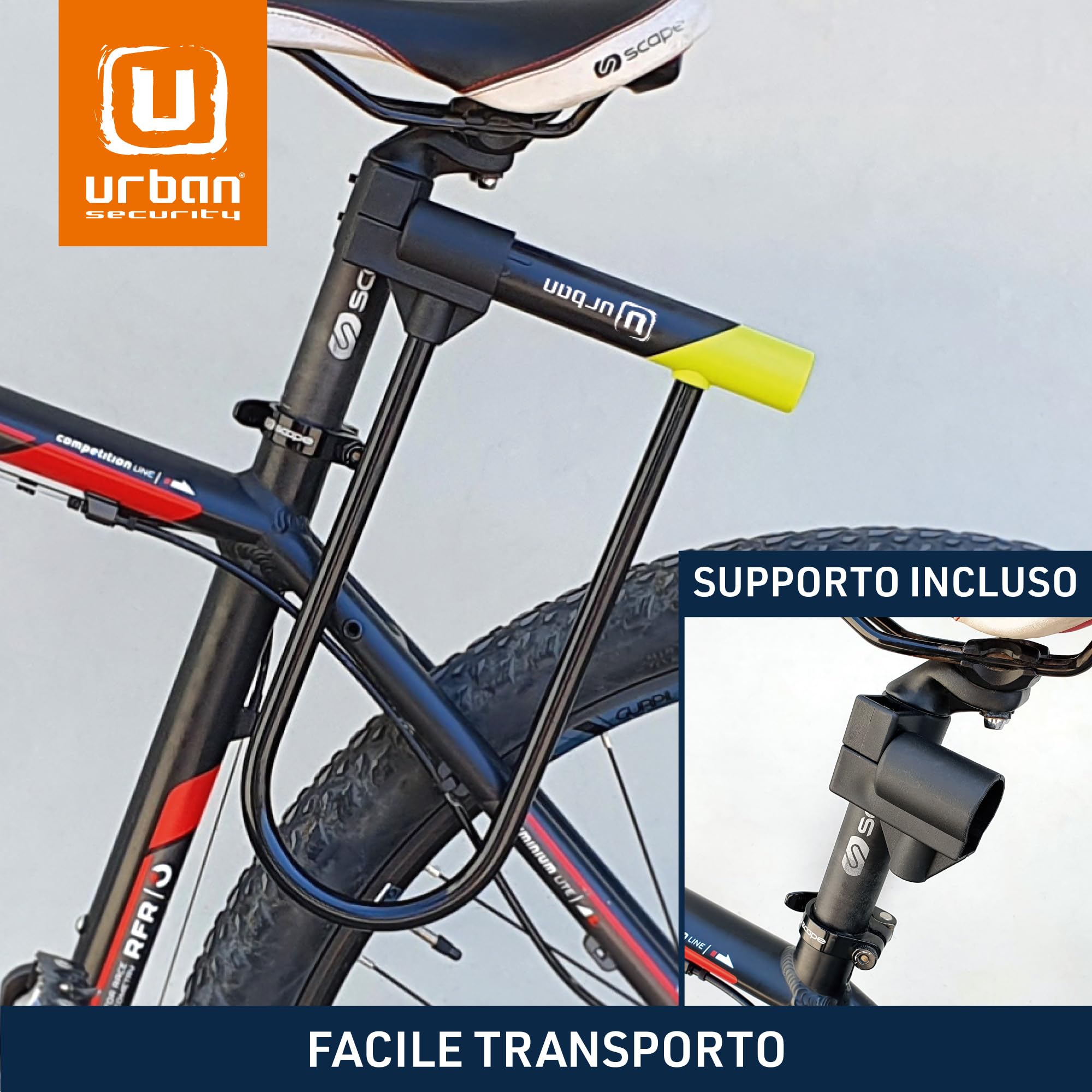 URBAN 12U300 Lucchetto a U Bici Alta Sicurezza, Leggero e con Ampio Archetto ø15 in Acciaio Temprato a Doppia Chiusura, Supporto per Trasporto Facile, Antifurto per Bici e Monopattino