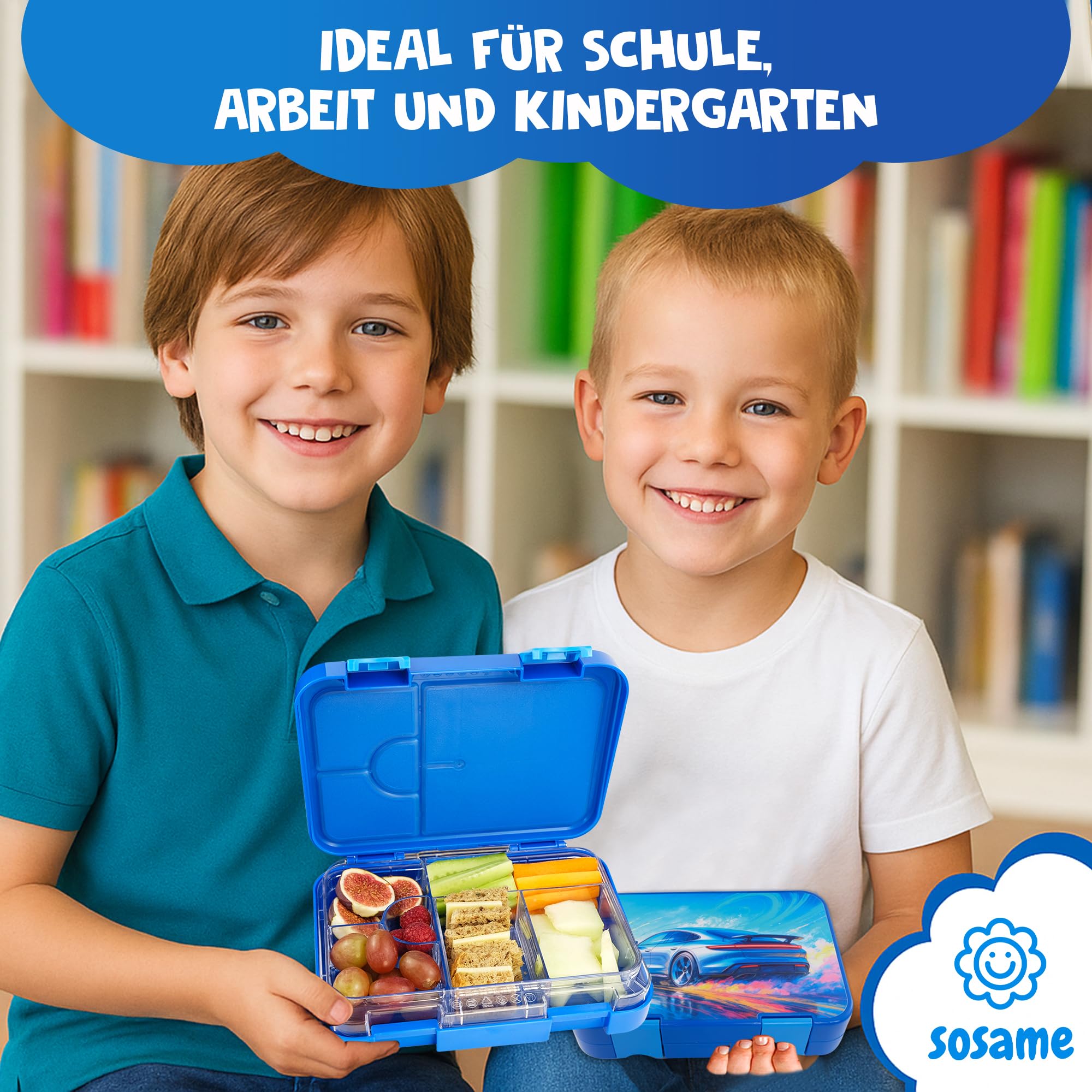 sosame® Brotdose für Kinder mit 6 Fächern – Bento Lunchbox auslaufsicher – Jausenbox für Schule & Kindergarten (Blau - Auto)