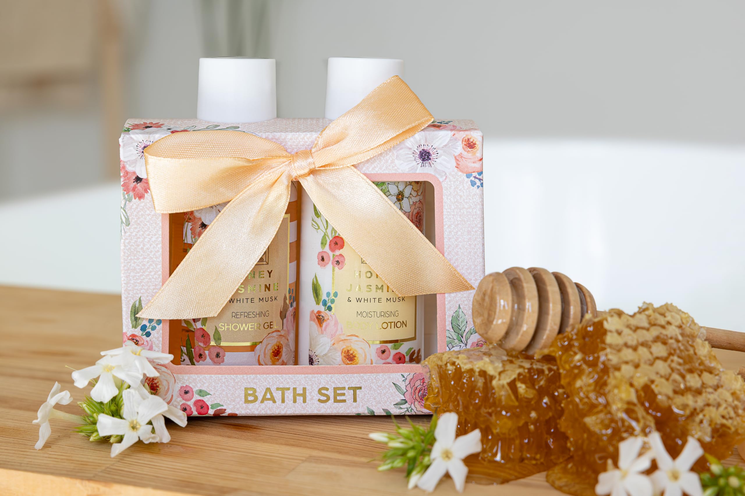 Accentra - Set de ducha para mujer HONEY JASMINE en un bonito estuche - Set de cuidado de 2 piezas con gel de ducha y loción corporal - Regalo de bienestar para San Valentín o el Día de la Madre