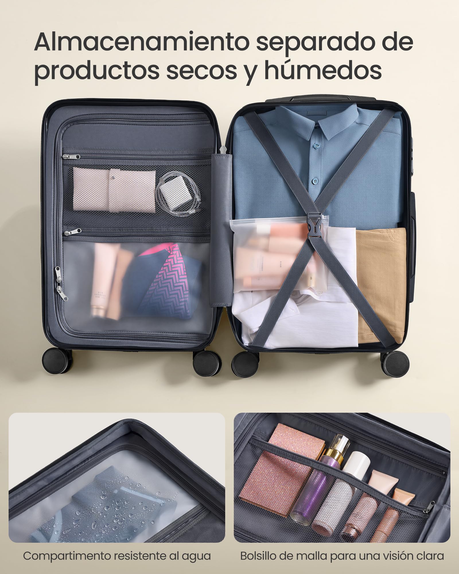 SONGMICS Maleta Cabina, Maleta Rígida de Viaje, Equipaje de Mano, Candado TSA, Correa Incluida, ABS, 4 Ruedas Dobles, Tamaño Cabina, M, 55 x 36 x 20 cm, Negro Tinta RLP001B101