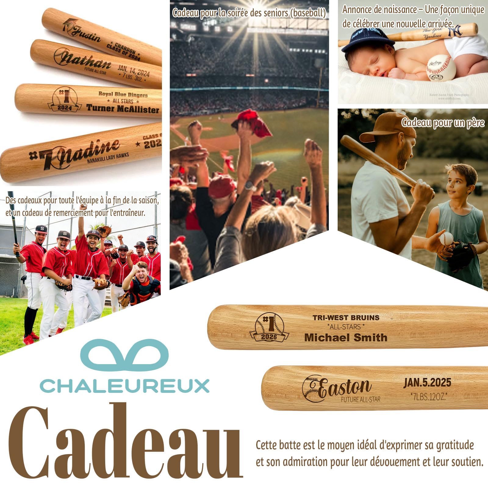 Mini Batte de Baseball Personnalisée 18 Pouces – Gravure Nom, Numéro & Logo, Petit Batte en Bois Cadeau Little League