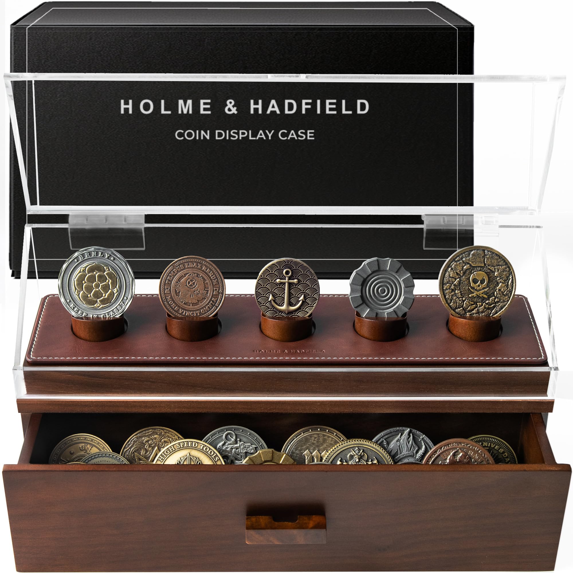 Holme & Hadfield Premium Challenge Coin Display Case for up to 30 Coins – Beautiful 360° Views – Large Handcrafted Military Coin Display Case – Birthday Gift – Luxury Built to Last