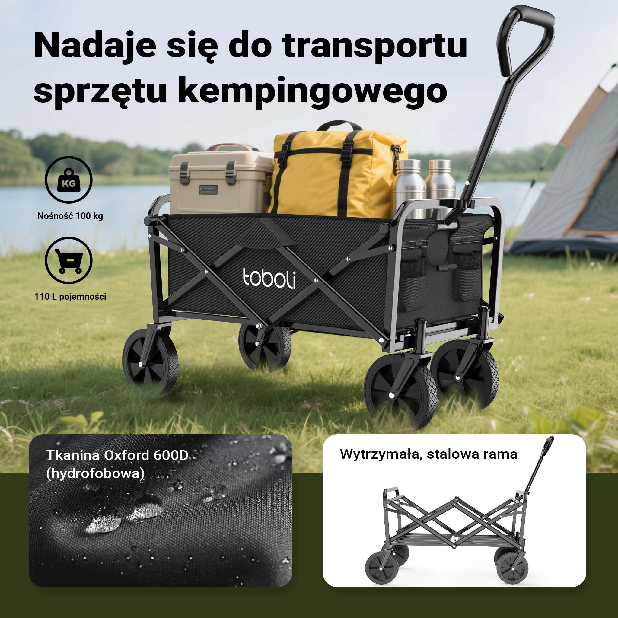 Składany wózek transportowy z uchwytem do 100 kg, kompaktowa przyczepka kempingowa i towarowa, solidny wózek plażowy, turystyczny i ogrodowy