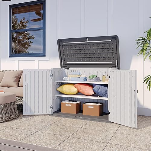 Miniatura 9 de Aoxun Armario de almacenamiento blanco para exteriores con 2 estantes, cobertizo de almacenamiento de bote de basura de 35 pies cúbicos,