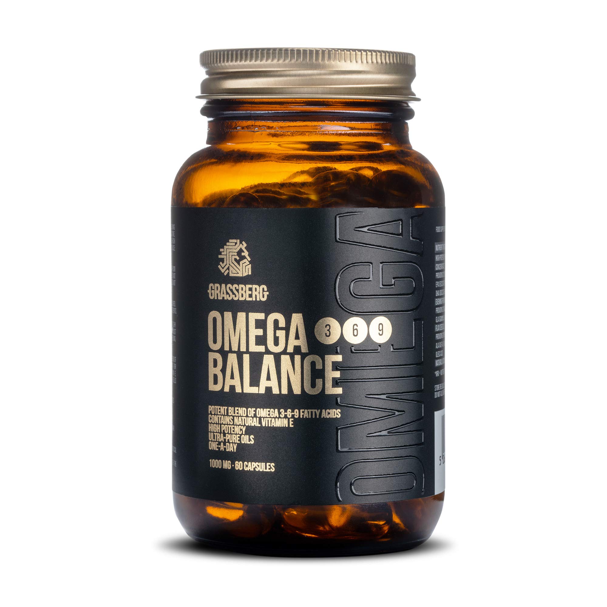 GRASSBERG Omega 3-6-9 Balance, 1000 mg with Flax Seed Oil, Evening Primrose Oil and Natural Vitamin E - 60 Capsules