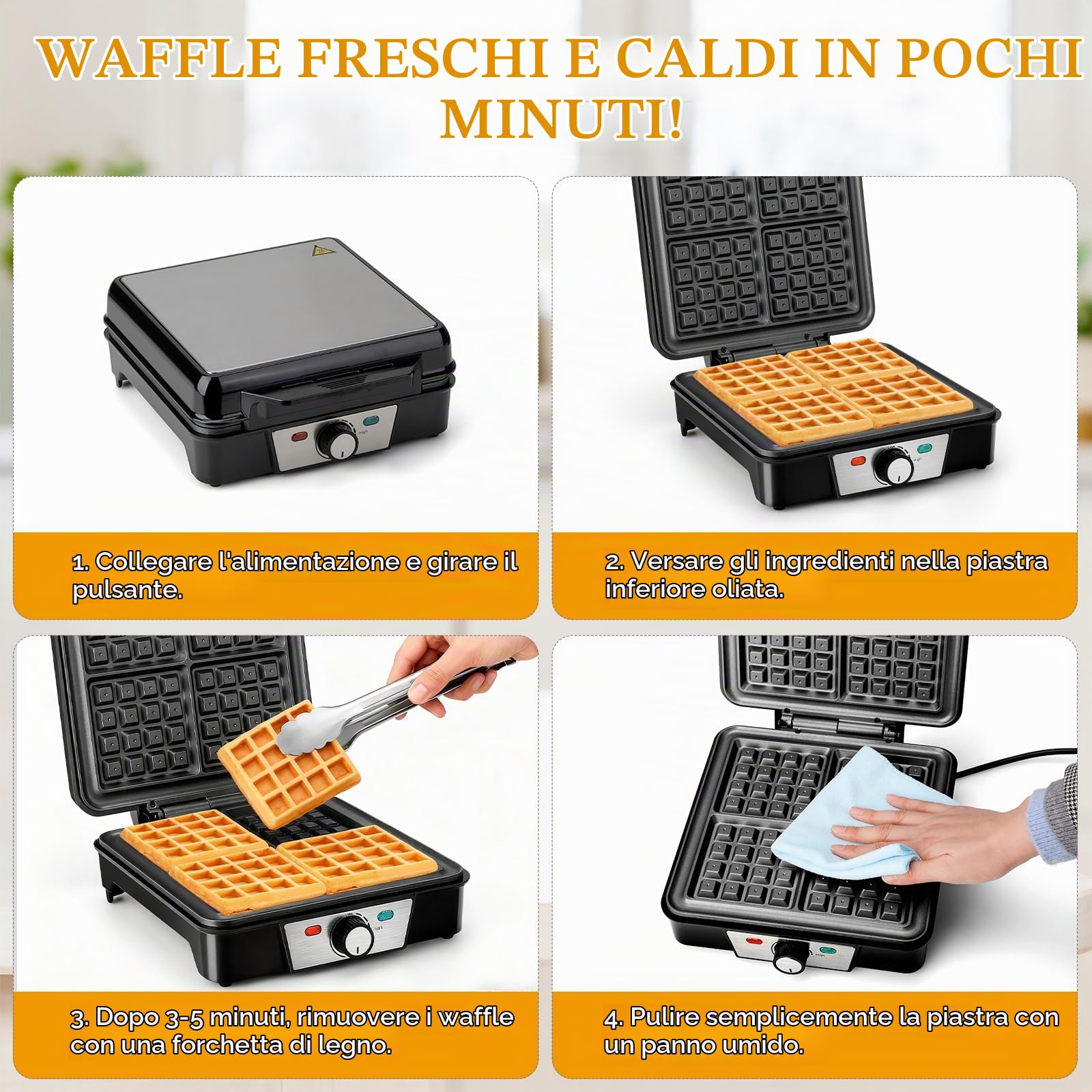 Cozary Waffle Maker elettrico per waffle acciaio inossidabile 1200 W 4 cialde alla volta rivestimento antiaderente temperatura regolabile Ideale per Feste e Dessert