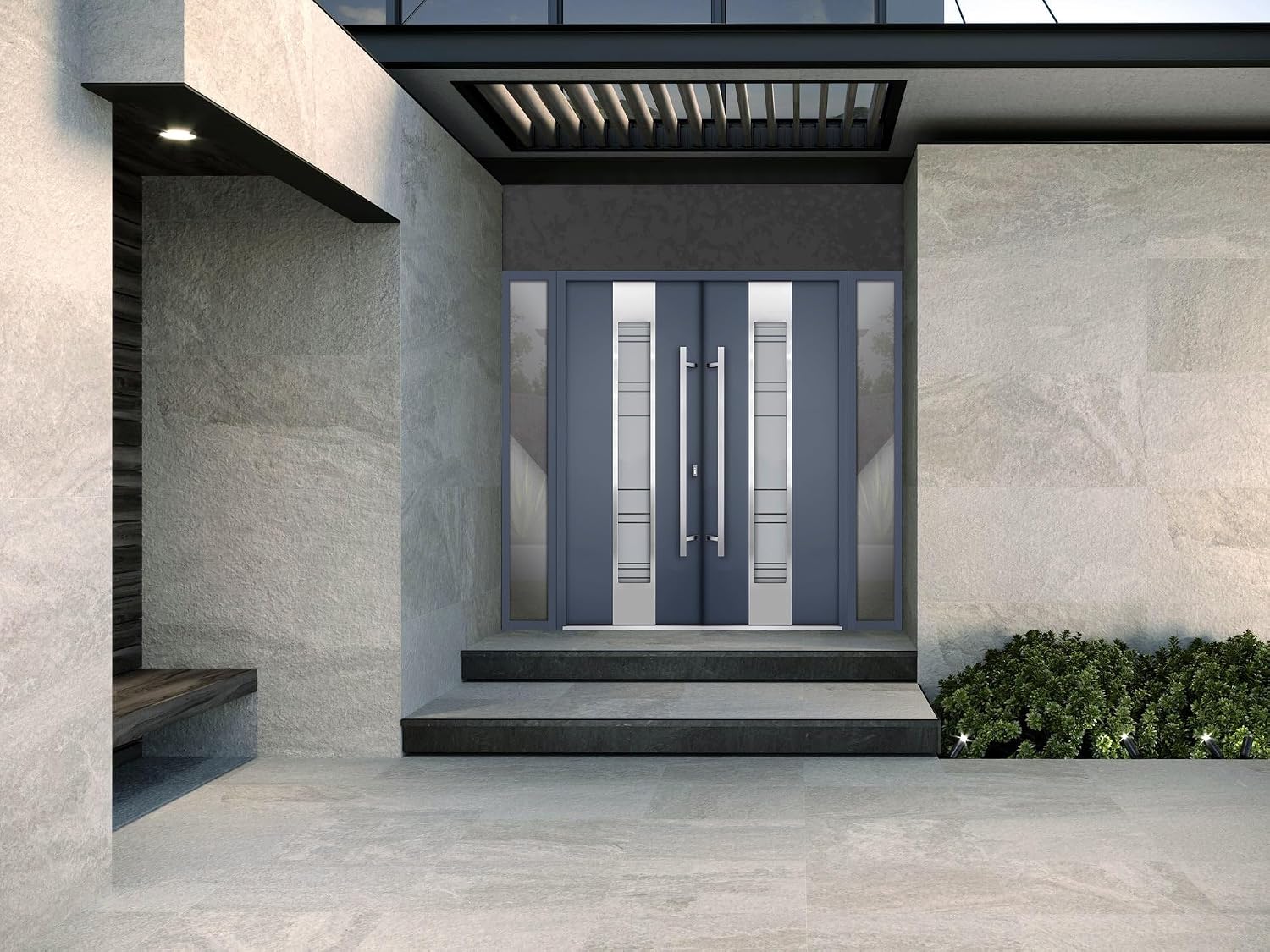 VDOMDOORS Front Exterior Prehung Metal Double Doors/Deux 0757 Gray Graphite Frosted Glass / 2 Sidelites Exterior Windows/Entry Modern Painted Left Inswing Active Door 96" x 80"