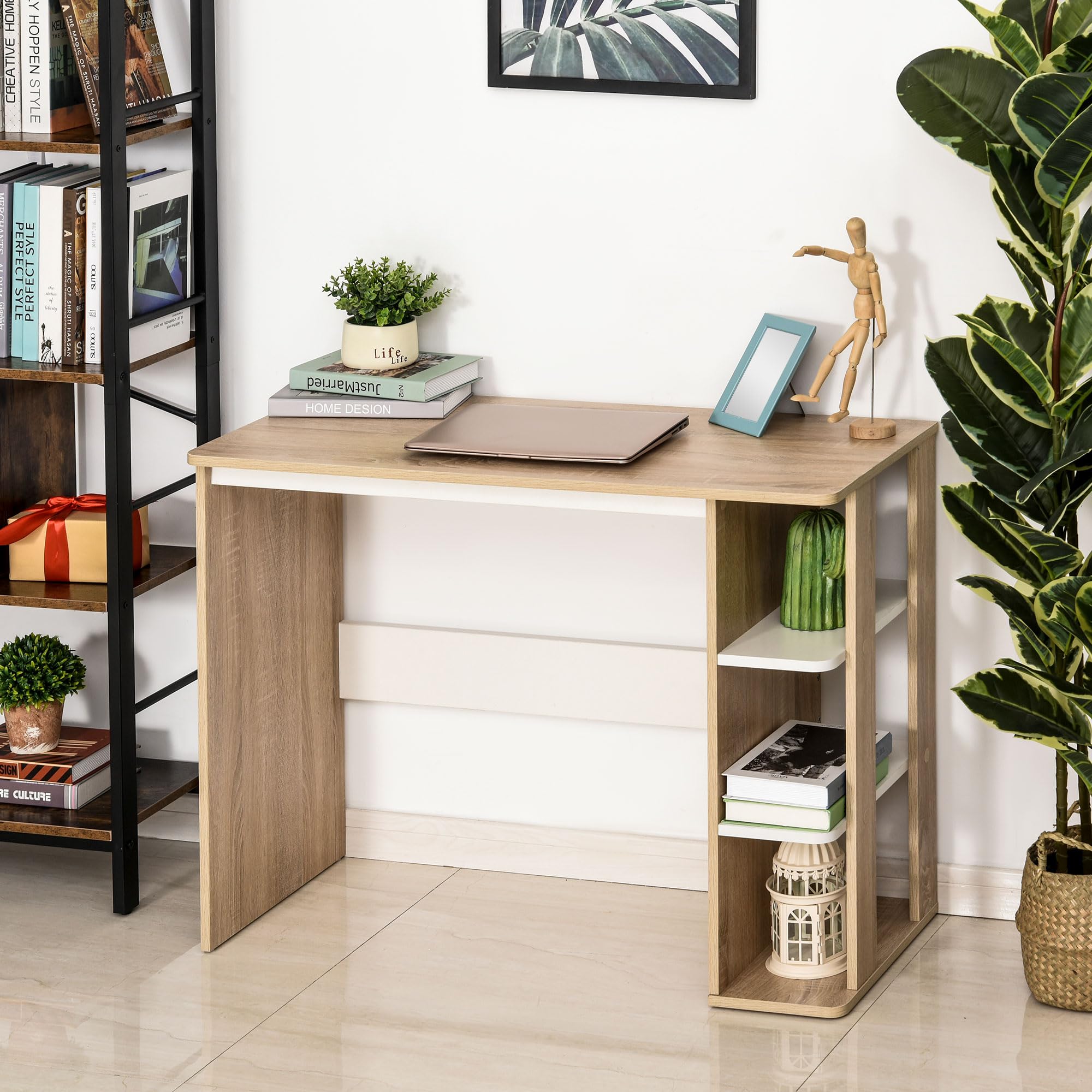 HOMCOM Scrivania per Computer con Scaffale 100x44x74cm Bianco e Quercia | Moderna, 3 Ripiani, Scrivania Moderna da Ufficio e Camera in Legno
