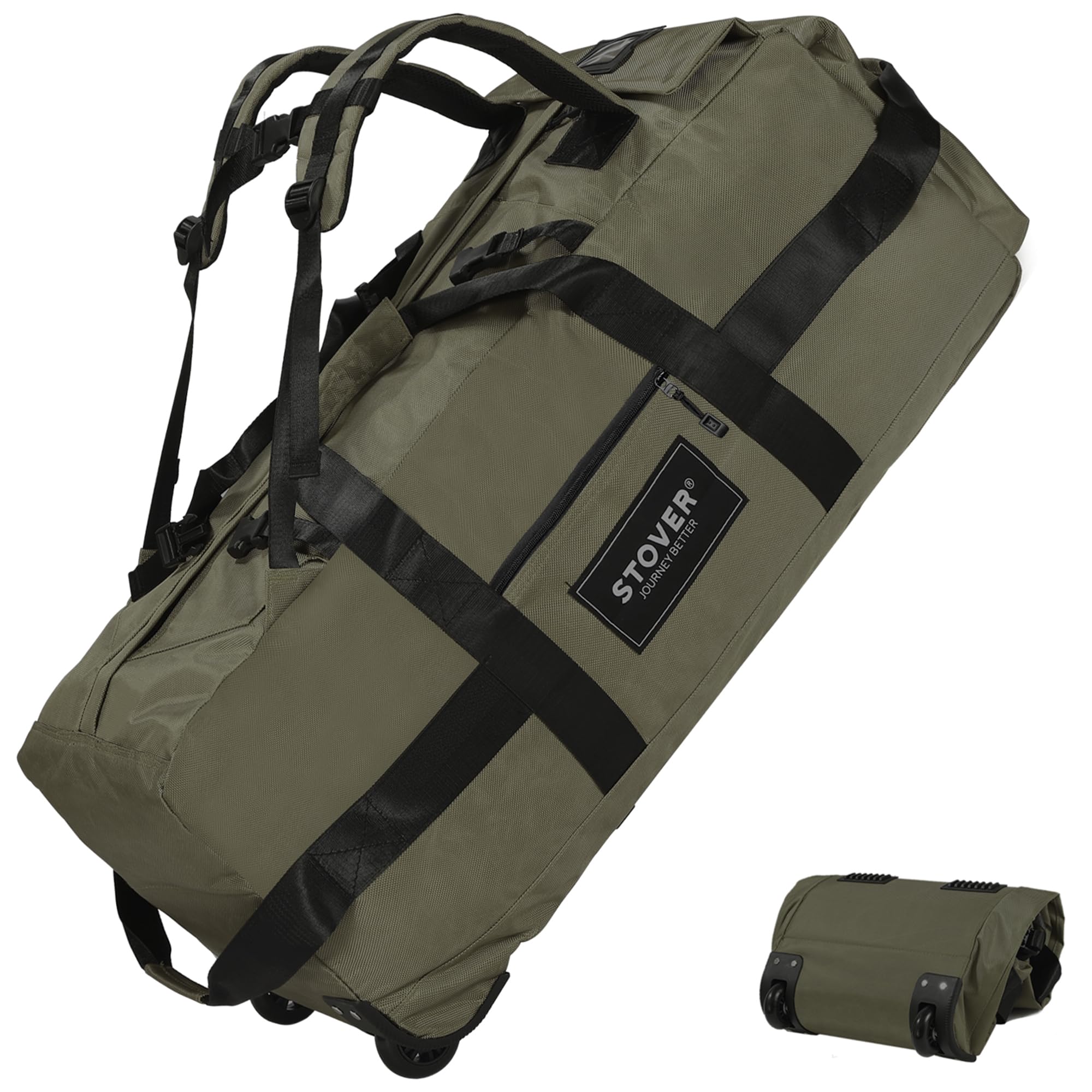 STOVER Rolling Duffel Bag with Wheels, Large Travel Duffle Bag, Collapsible with Backpack Shoulder Straps for Men Women, Green2, 80L