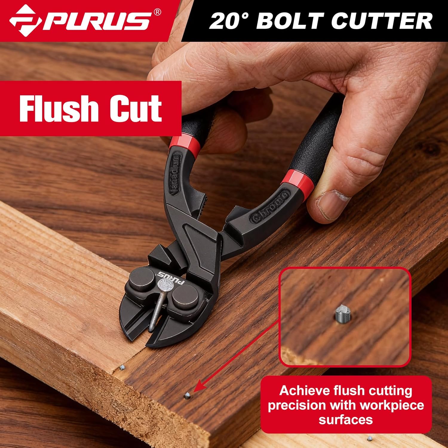 PURUS 8-Inch Mini Bolt Cutter, 20° Angled Head, Heavy Duty Wires Screws Nails Flush Cutter, Ergonomic Handle, High Leverage