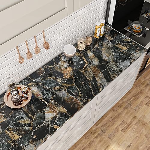 Miniatura 4 de VaryPaper Papel de contacto de mármol negro y dorado de 15.7 x 78.7 pulgadas, papel tapiz de mármol para encimeras de despegar y pegar, impermeable,