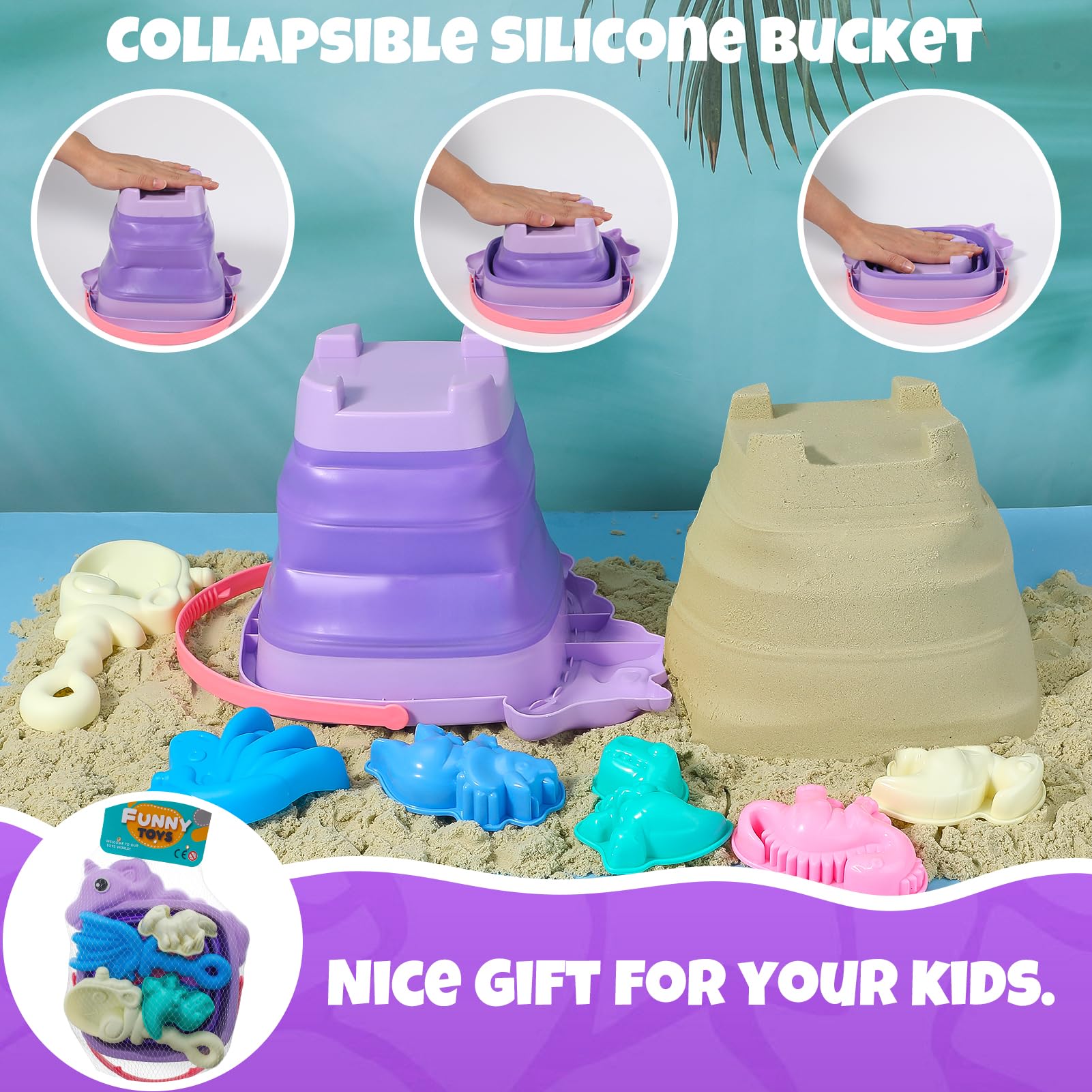 7 Pcs Pool Toys Collapsible Bucket and Spade Set Kids Beach Toys With Animals Molds and Sand Shovels Mesh Bag For Kids Sand Pool Party - Image 3