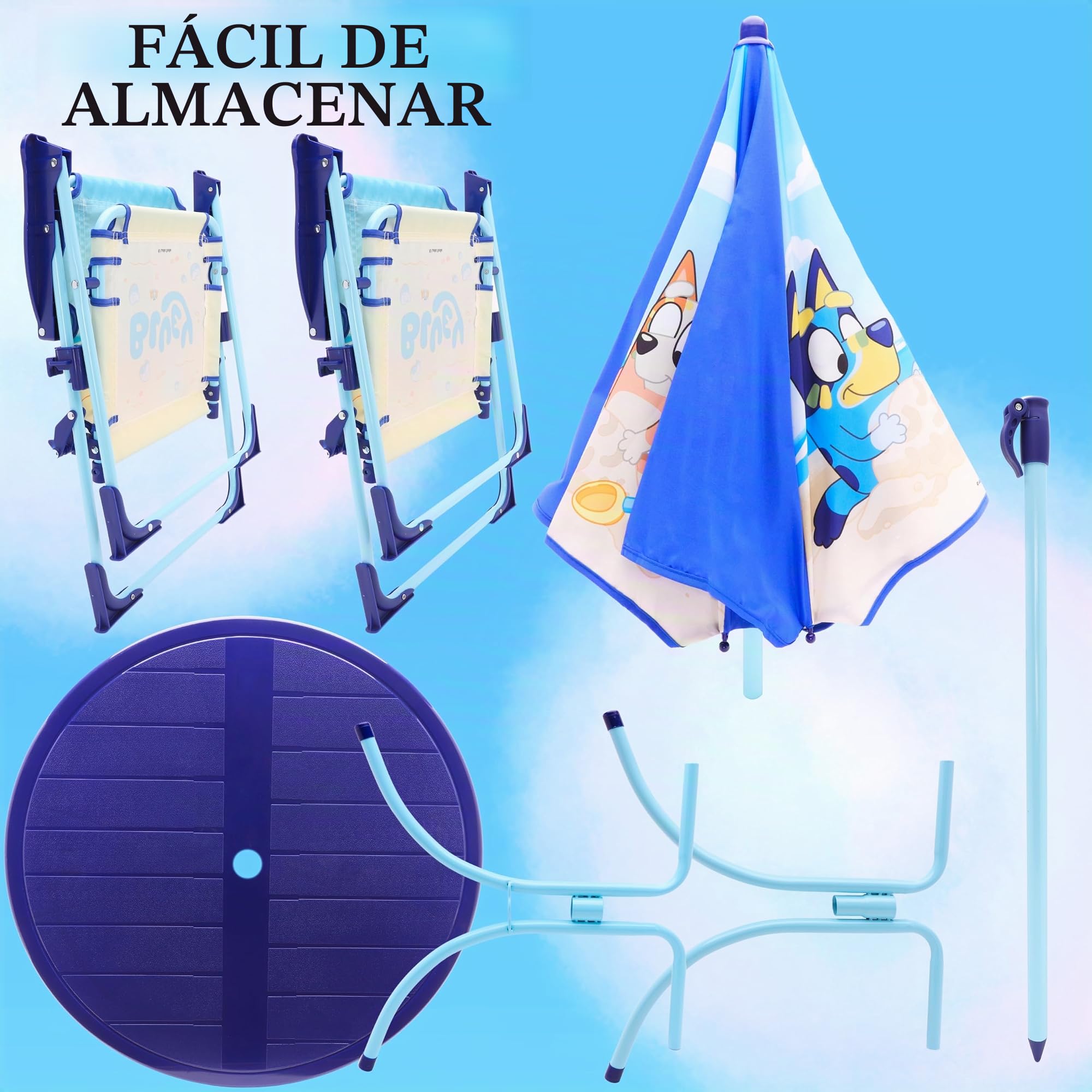 Toyland® Juego de Mesa y sillas para Patio Bluey & Bingo - 1 Mesa, 2 sillas y 1 sombrilla - Muebles Infantiles de Interior y Exterior Playa y jardín
