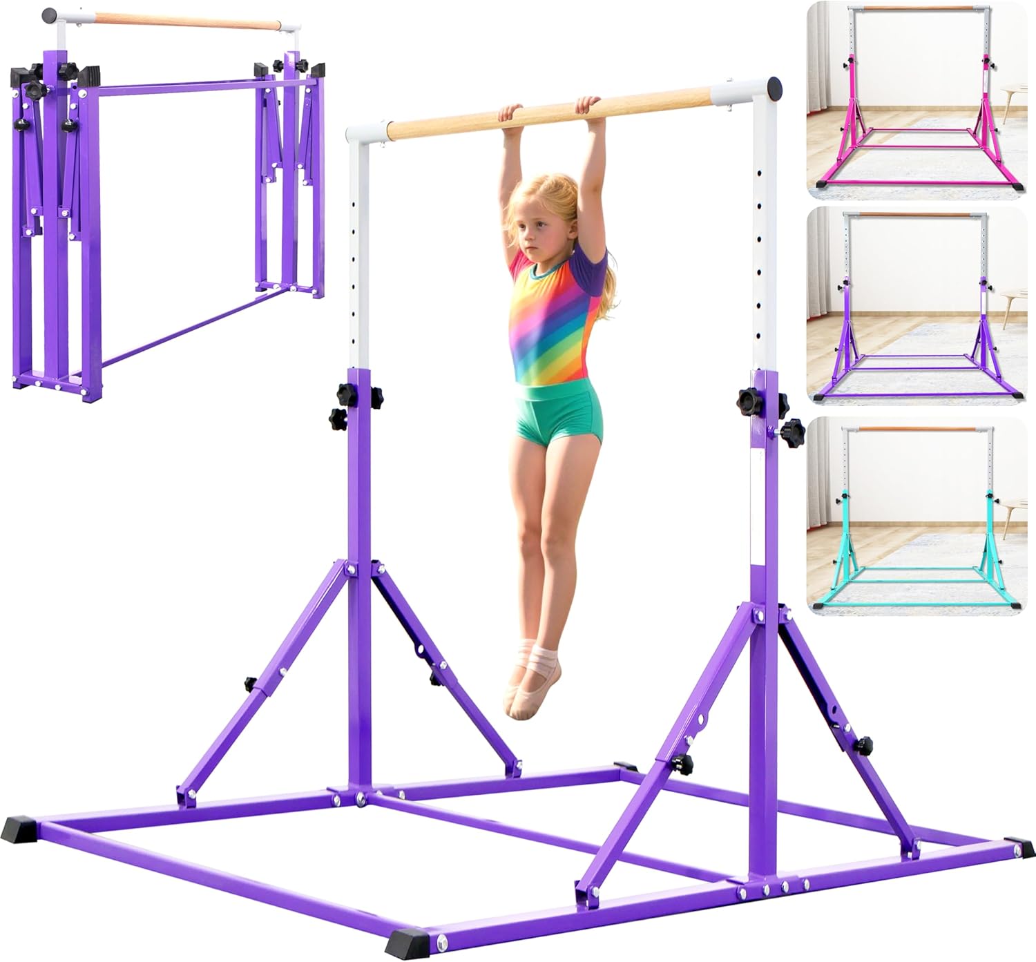 PreGymnastic Foldable Gymnastics Bar, 5.6FT Folding Horizontal Bars for Kids Ages 3-12, Weight Limit 350 LBS, Adjustable kip Bar, Children Home Gym Equipment Indoor
