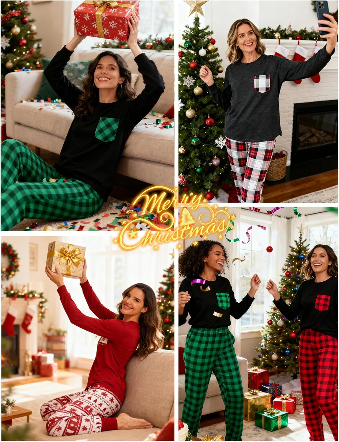 SWOMOG Women Christmas Pajamas Sets Buffalo Plaid Pajama Pants with Pockets Long Sleeve Tops Loungewear Set - Image 4
