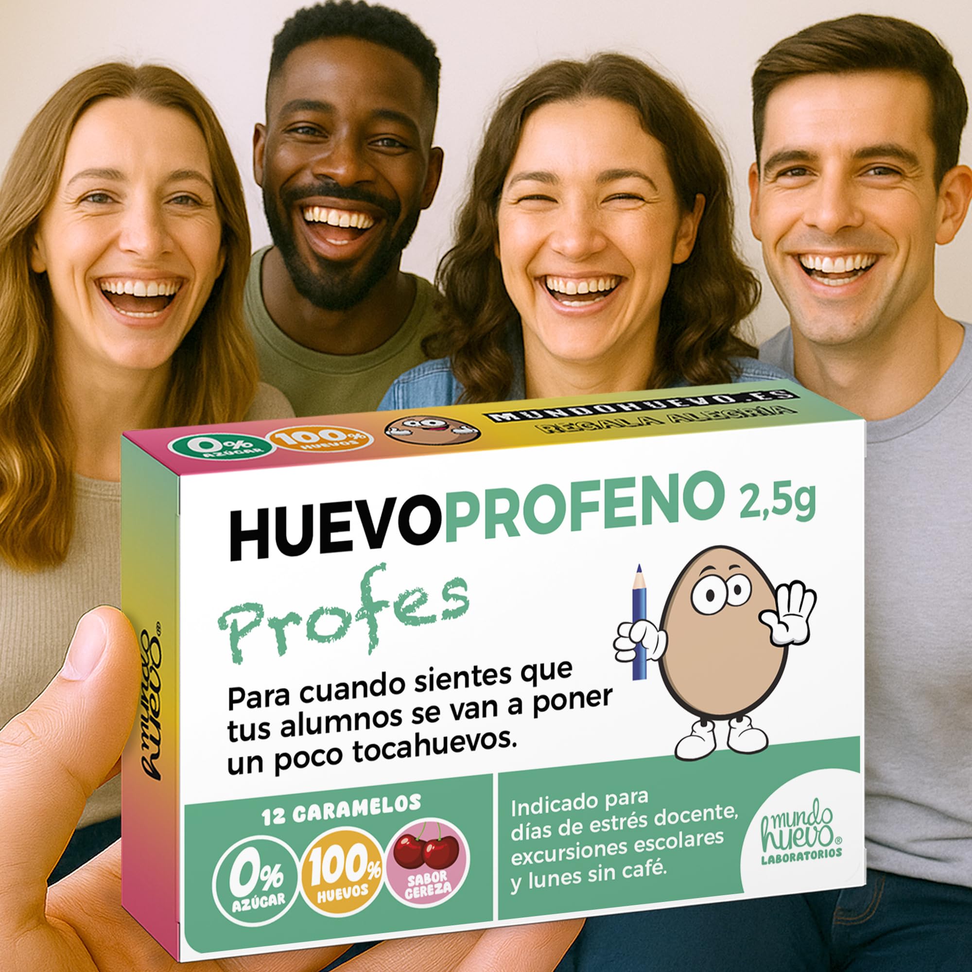Caramelos de broma HUEVOPROFENO+ Profe | Caja con 12 caramelos sin azúcar sabor cereza | Regalo divertido para profes que dejan huella