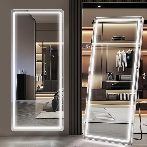 Miniatura 2 de Antok Espejo LED de longitud completa, 71 x 32 pulgadas, espejo LED de pie iluminado de longitud completa, espejo colgante con soporte, espejo de