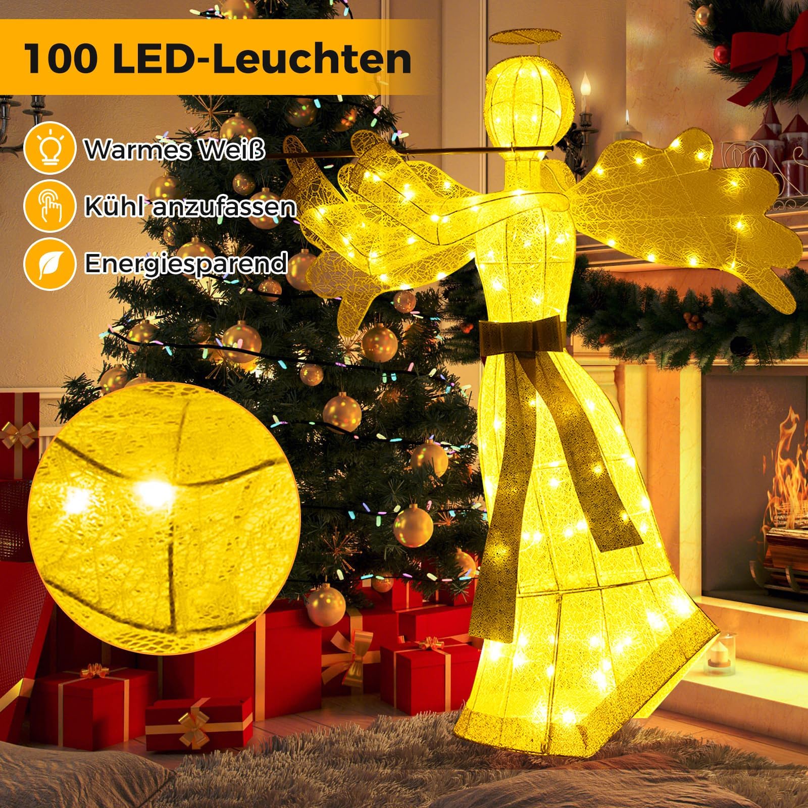 COSTWAY Weihnachtsengel beleuchtet groß, 150 cm Weihnachtsdeko mit 100 warmweißen LED-Lichtern, Weihnachtsfigur, Weihnachtsdekoration, Weihnachtsbeleuchtung für außen und innen