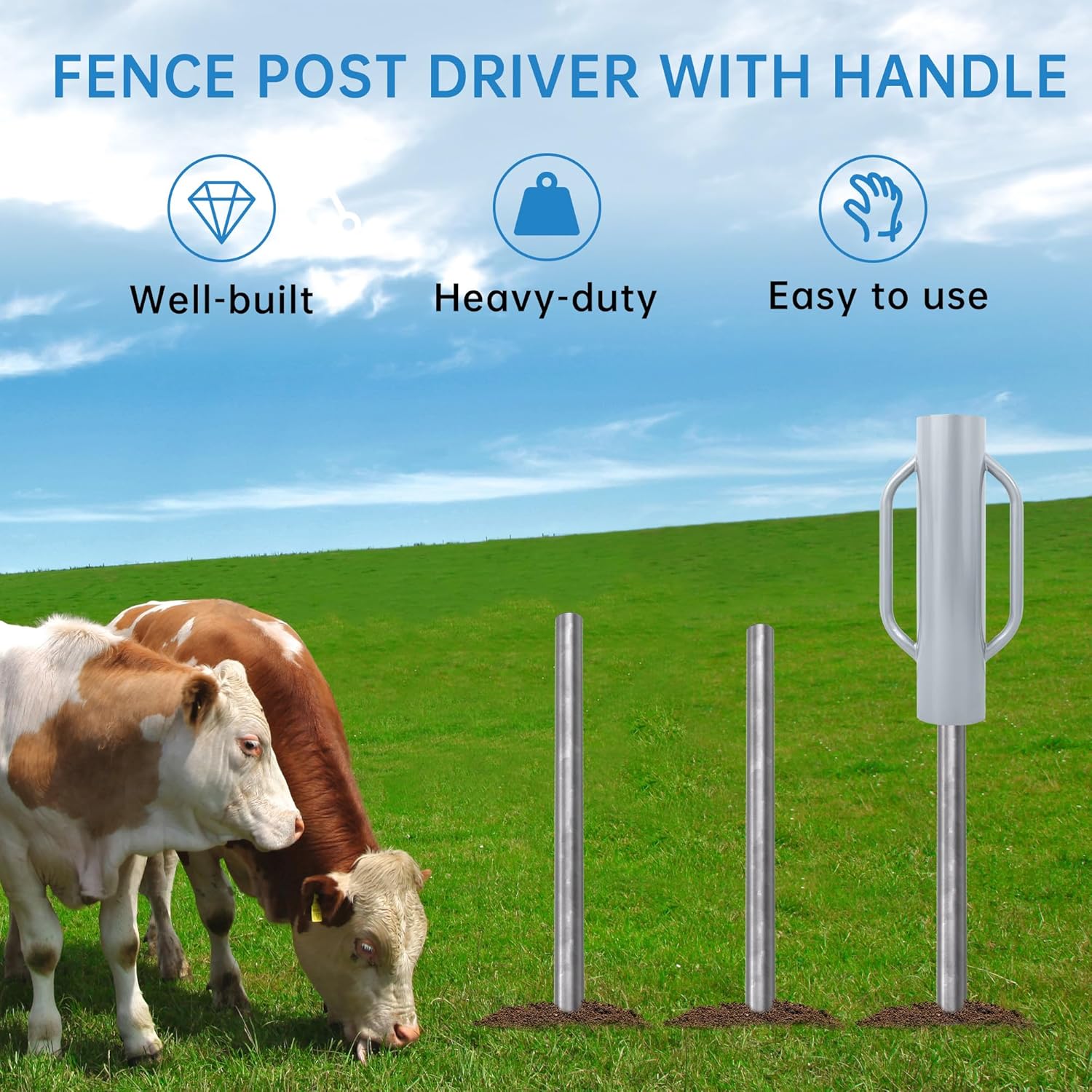 30 LB Fence Post Driver with Handle,Manual T Post Driver Metal Post Hammer for U Fence Post Wooden Post (Sliver)