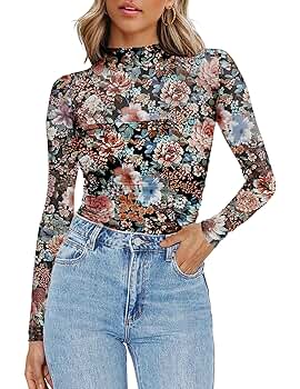 トップス Print Sheer High Neck Zeagoo Mesh Long Sleeve Top for Women Sheer Floral Printed