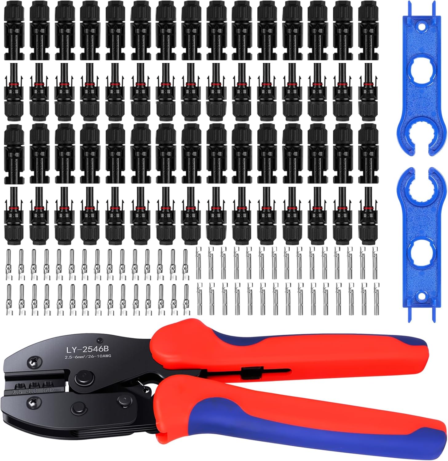 63 PCS Solar Connector Kit – MC4 Solar Crimping Tool for Solar Panel Cable with 30 Pairs Male/Female Solar Connectors, 1PCS Wire Crimper, 2 PCS Spanners Wrench, Crimper Set for 2.5/4mm² Solar PV Wire