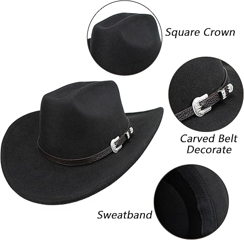Miniatura 6 de Sombrero clásico de vaquero occidental para hombre y mujer, sombrero de vaquera de ala ancha, sombrero de fieltro (S-M)