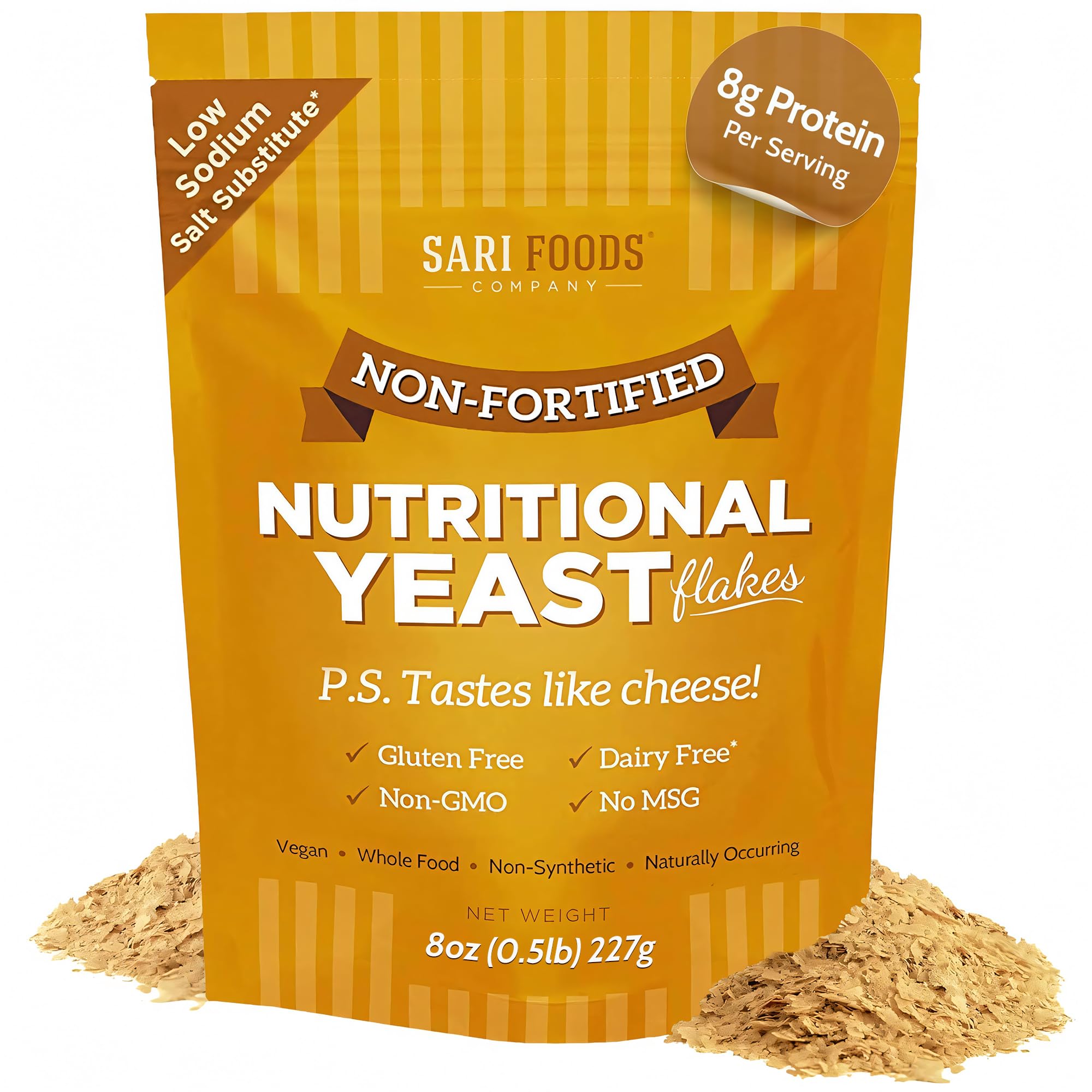 Non Fortified Nutritional Yeast Flakes, Whole Foods Based Protein Powder, Vegan, Gluten Free, Vitamin B Complex, Beta-glucans and All 18 Amino Acids (8 oz.)
