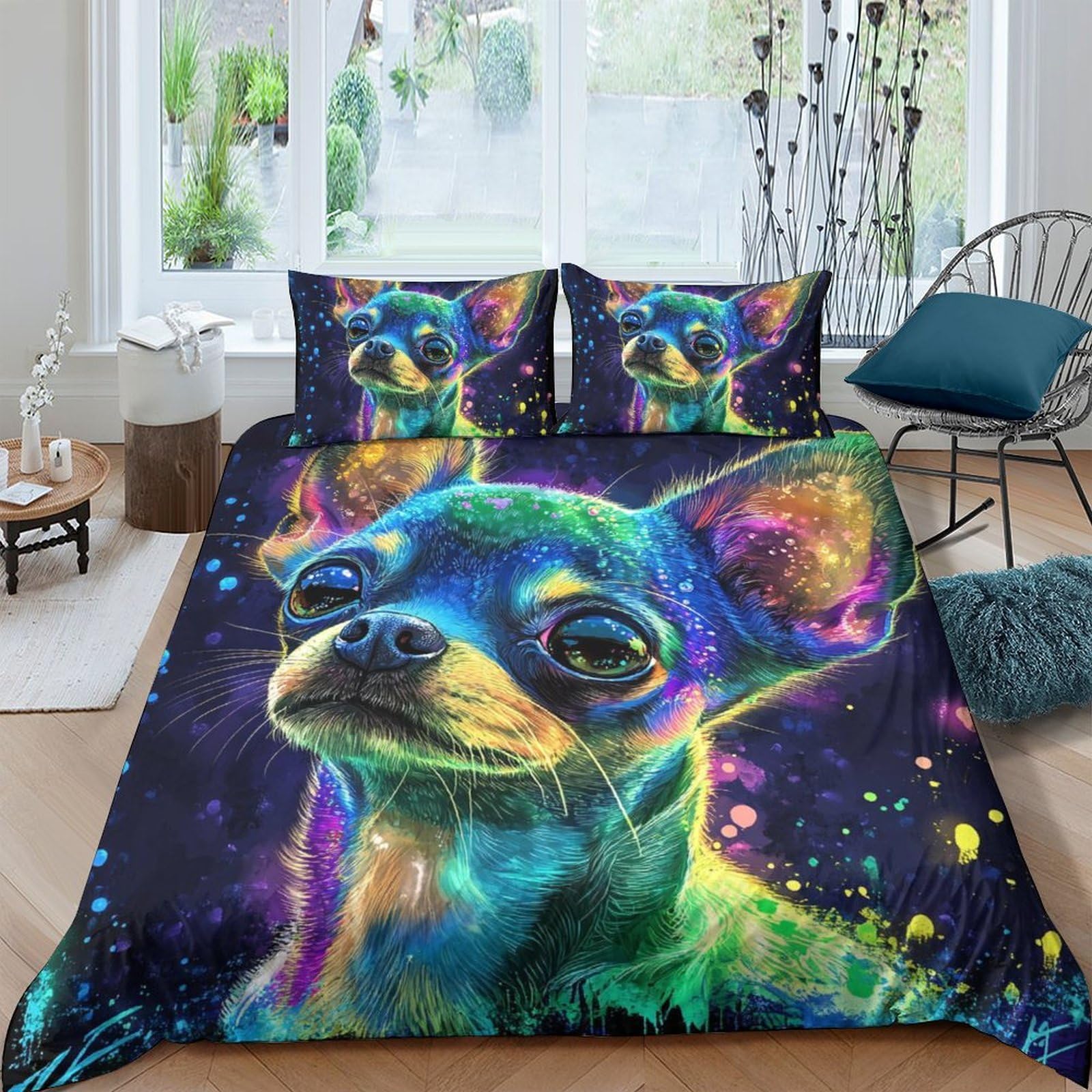 Ctjqhvkz Style-3 3D Printed Neon Chihuahua Fitted Sheet Microfiber Soft Mattress Cover Colorful Dog Decor For Bedroom Dorm Use Single（135X200cm）