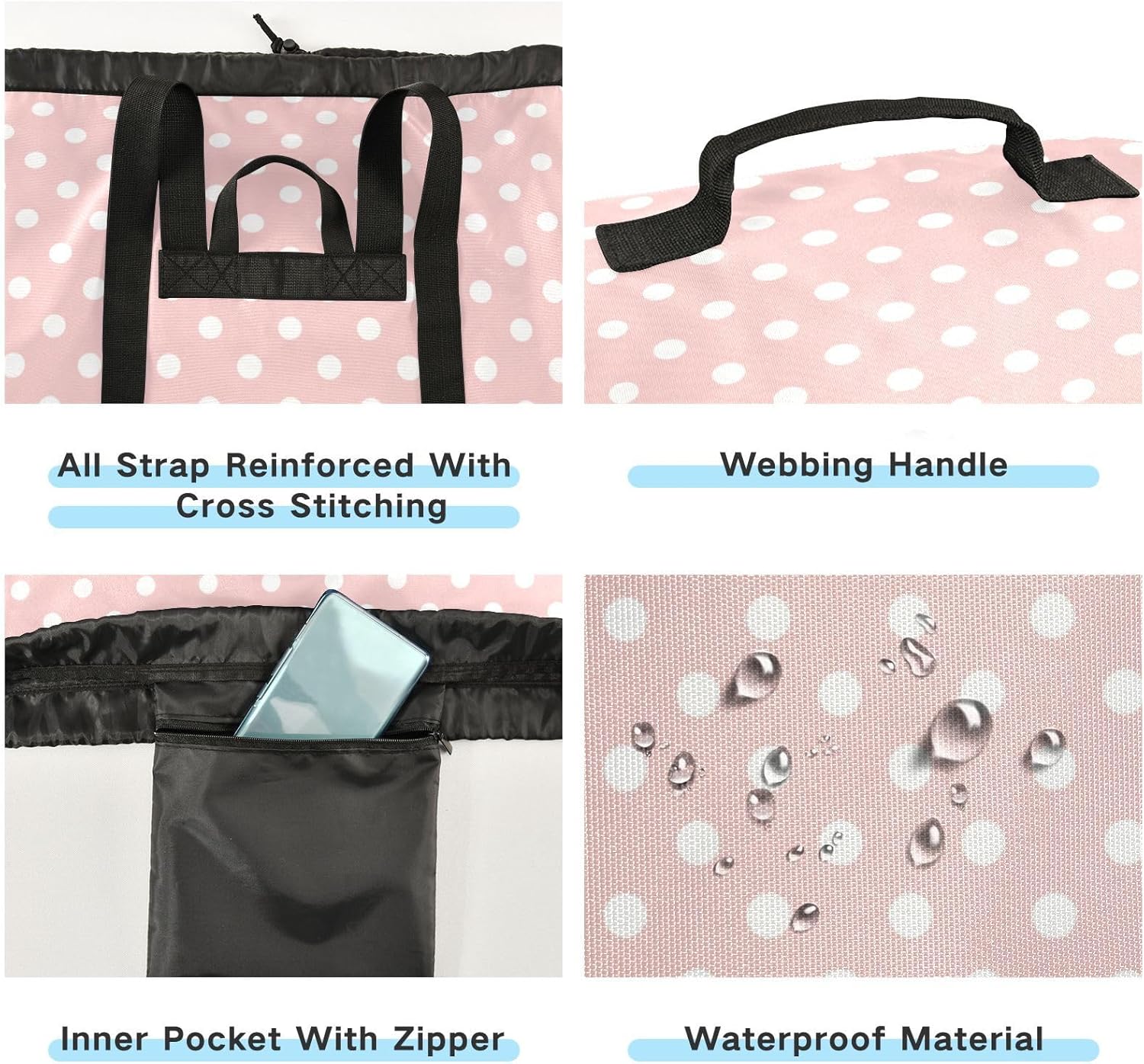 Laundry Bag Backpack,Travel Laundry Bags with Shoulder Straps Oxford Large Hanging Laundry Hamper Bag for College,Laundromat,Apartment Polka Dots Pink