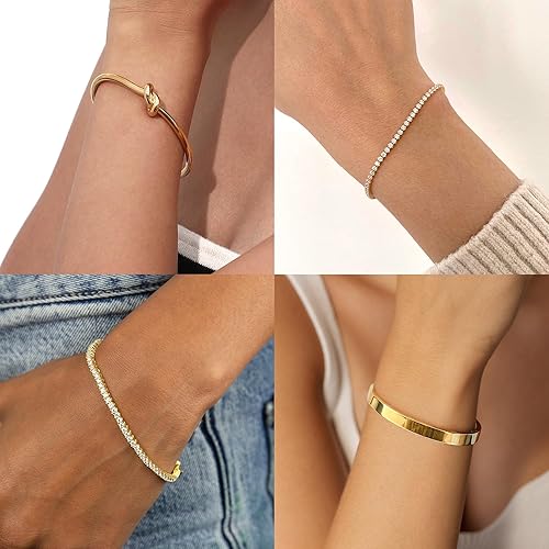 Miniatura 4 de Zalcon Gold Bangle Cuff Bracelets for Women 14k Gold Plated Cubic Zirconia Tennis Bracelet Non tarnish Love Knot Bracelets Stack Cuff Bangles