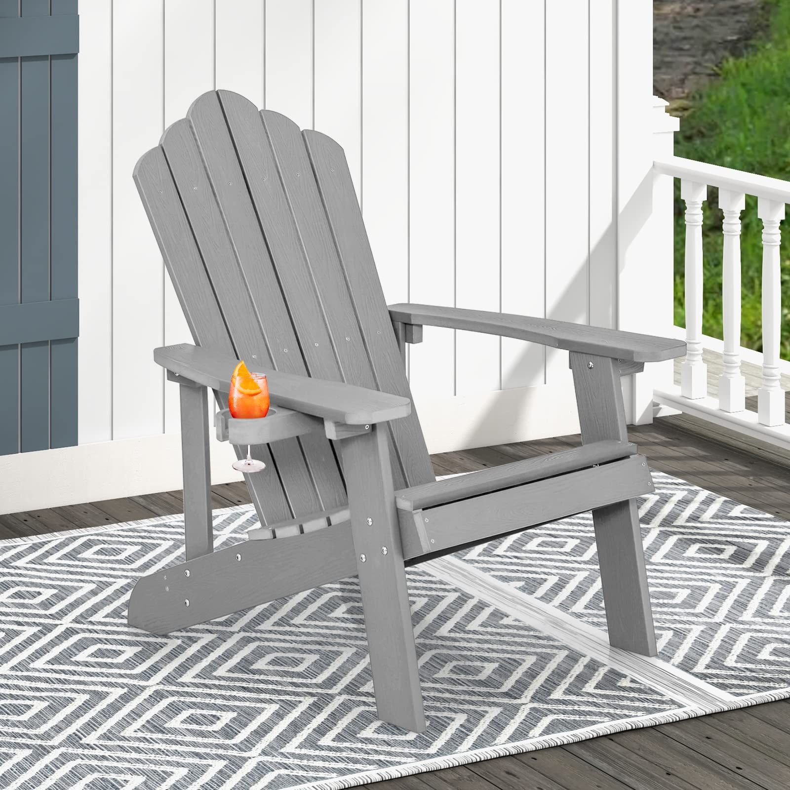 GIANTEX Sillón Adirondack Grande Lounge para Patio con Portavasos Ajustable, Silla para Fuego Al Aire Libre Resistente a la Intemperie de Madera para Cubierta, Jardín,85 x 77 x 94 cm (Gris)