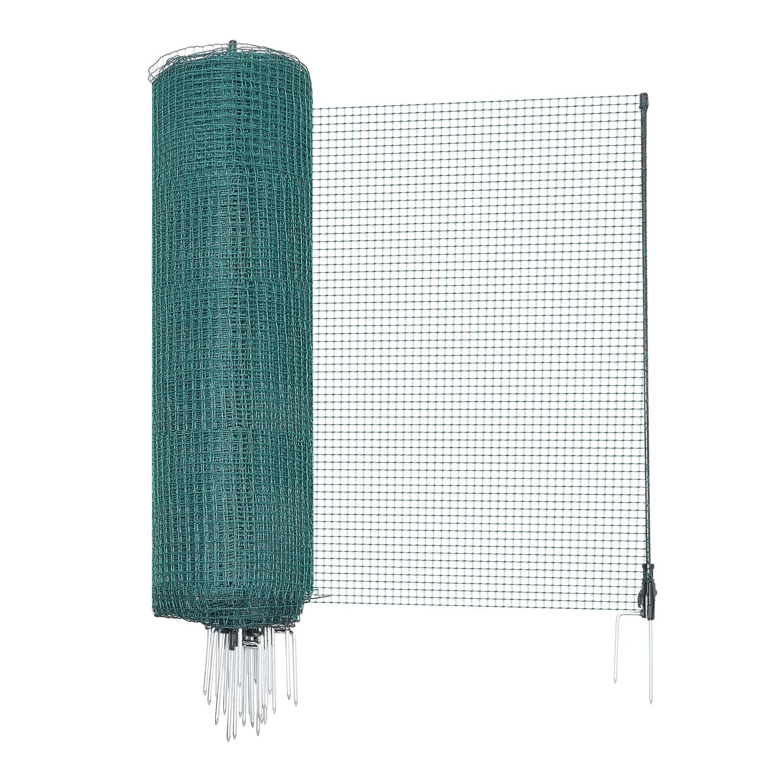 VEVOR Valla de Pollos y Perros, Red de Protección para Jardines y Huertos, con Postes y Estacas de Doble Punta, Malla Plástica de Seguridad para Aves de Corral Cría de Animales, Verde (50m×0.9m)