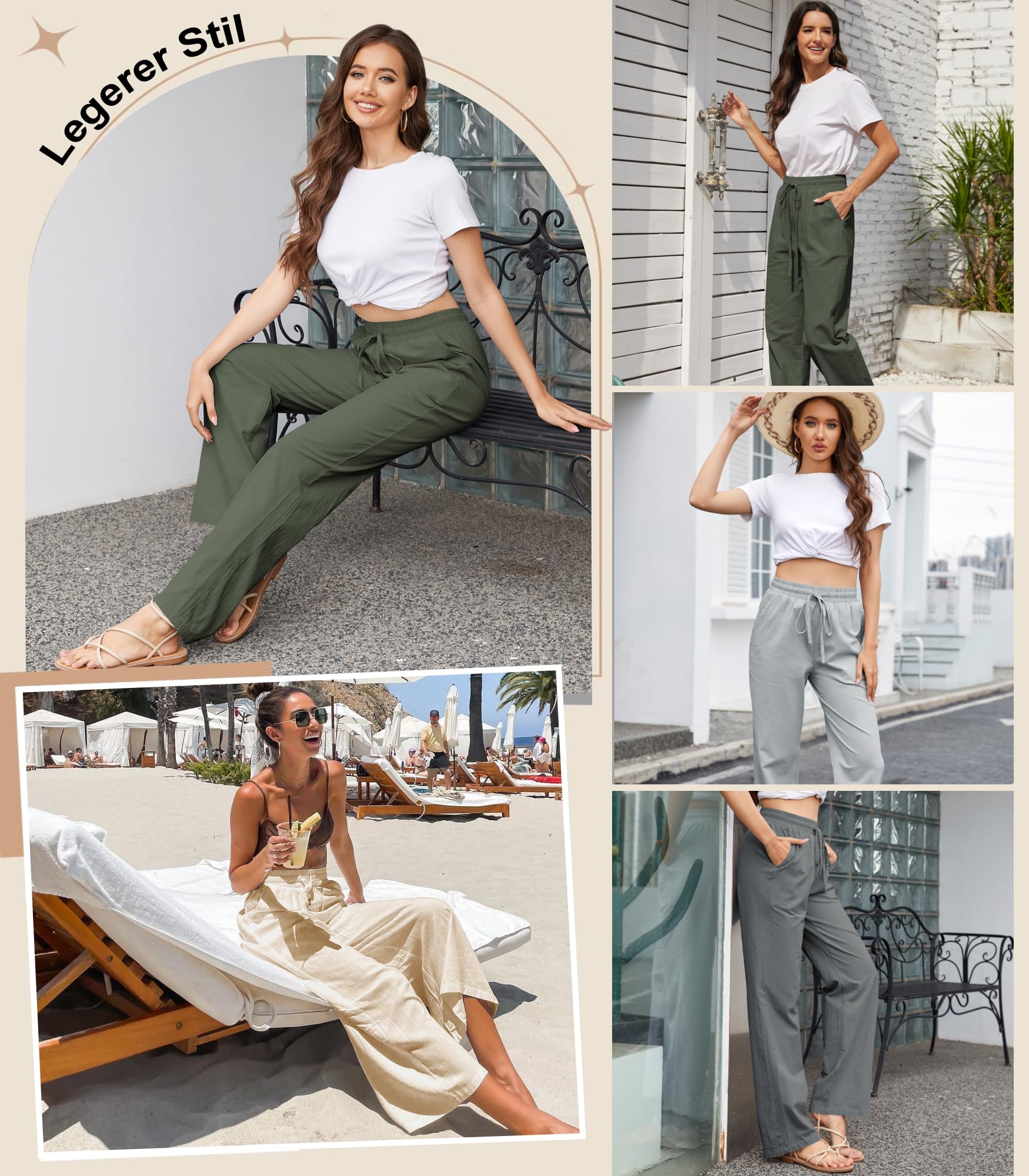 Tincini Leinenhose Damen Hose Sommer Musselin Leinen Hosen Stoffhose Einfarbig Freizeithose Gerade Geschnitten Strandhose Sommerhose mit Taschen