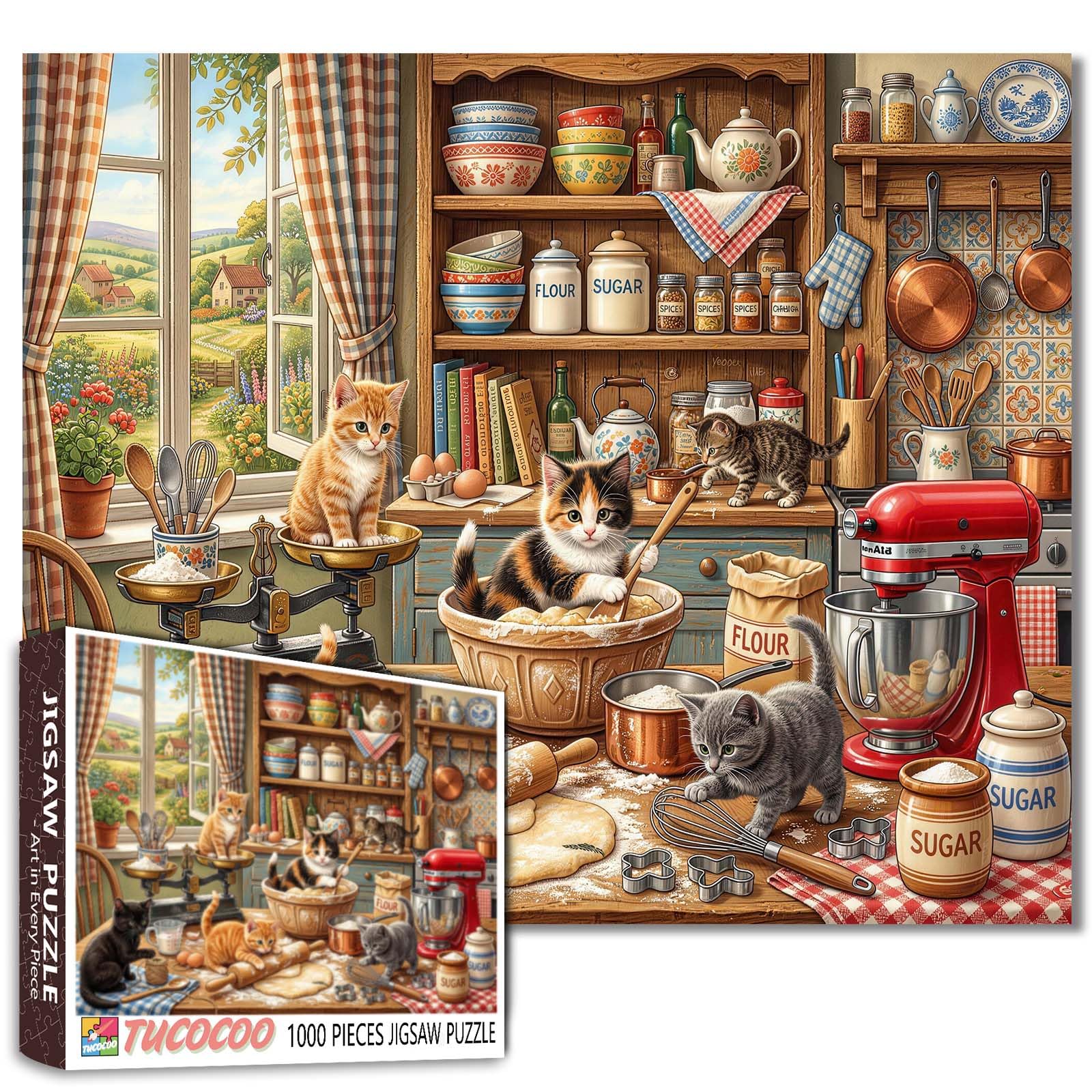 Cute Kittens Baking Puzzle 1000 Pieces for Adults Cozy Cottage Kitchen with Cats Cooking Scene Jigsaw Puzzle 19.7 x 27.6 Inch Fun Brain Teaser Animal Puzzles Gift Idea for Family Friends Home Decor โ image 1