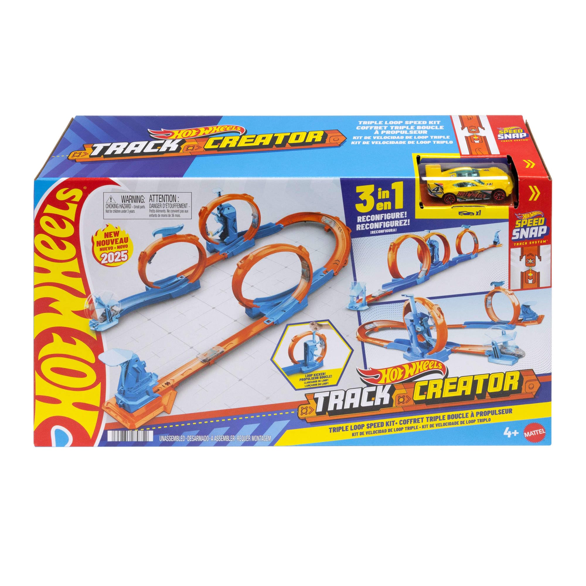 Hot Wheels Spielzeugauto-Trackset, Dreifach-Looping-Pack und Fahrzeug im Maßstab 1:64, Track-Bauteile mit 3 Loopings, Track-Schnellstecksystem und Adaptern,JDW39