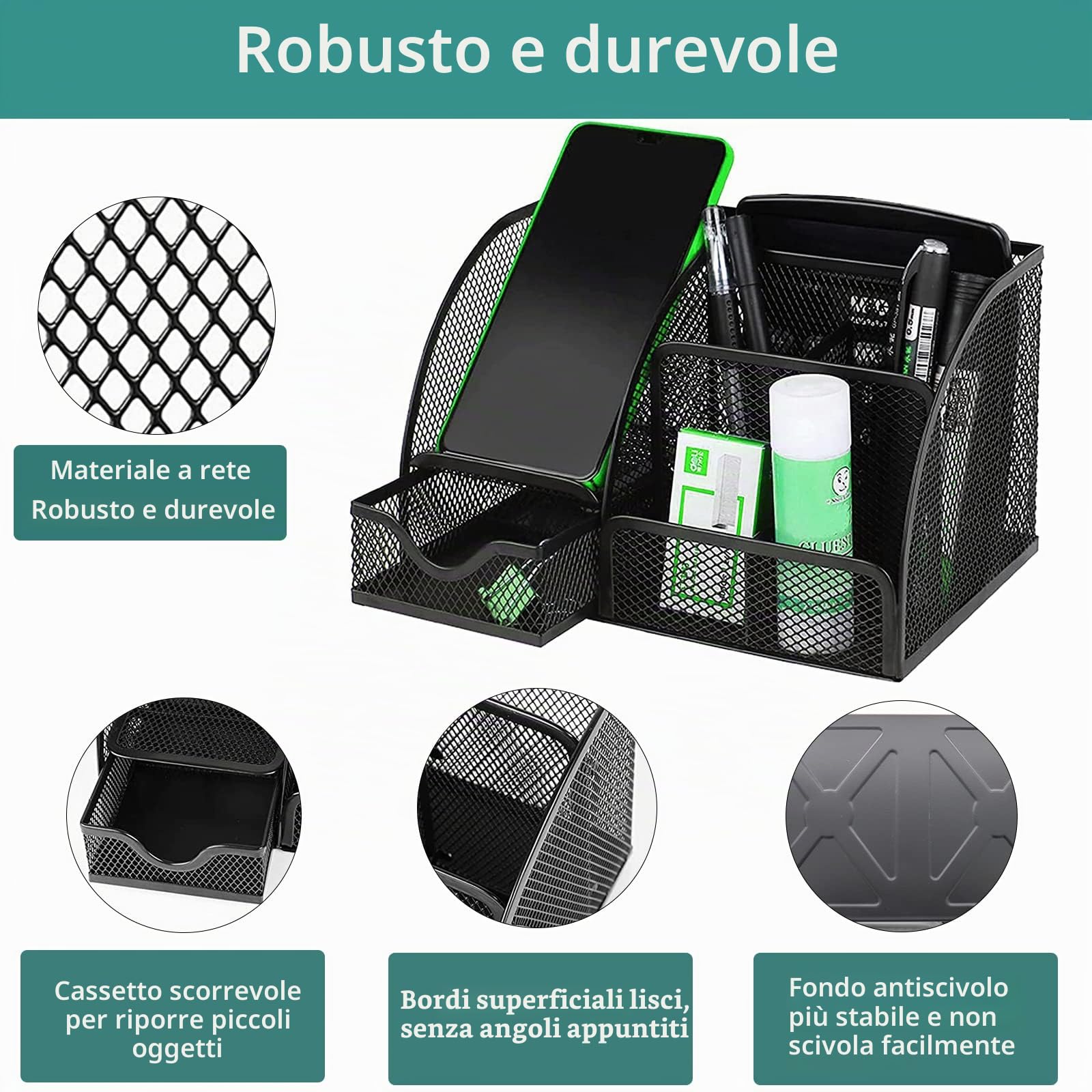 Organizer Scrivania, Portapenne da Scrivania, Portapenne in Rete Metallica Accessori Scrivania, Multifunzione Porta Penne Portaoggetti Scrivania con Cassett, per Uffici, Scuola e Casa (Nero)