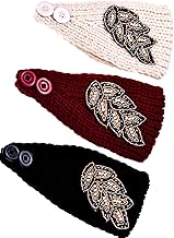 Jetec 3 Pieces Knitted Headband Beaded Flapper Headband Vintage Leaf Crochet Head Wraps for Winter Women Girls, 3 Colors