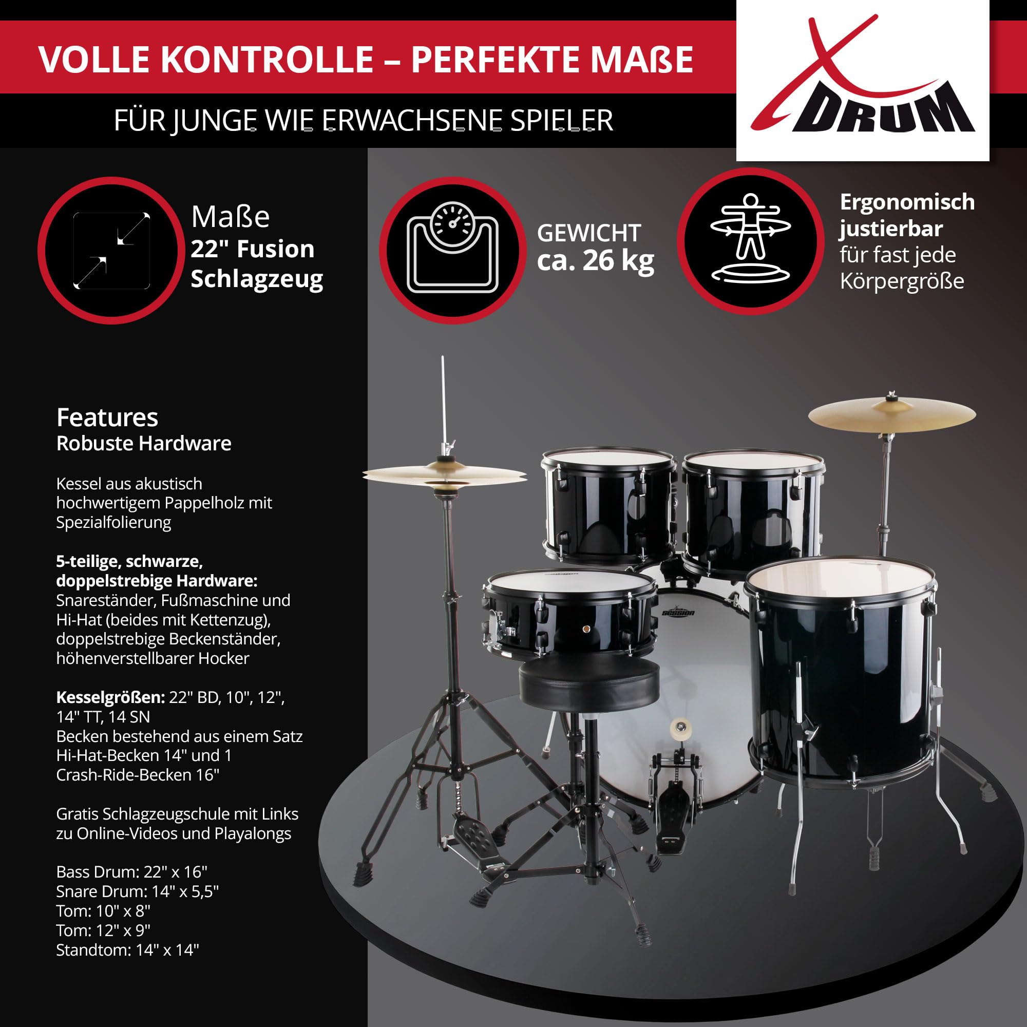 XDrum Rookie 22" Fusion Batteria Completa Black - Ideale per Principianti - Hardware Elegante in nero - Incl. Bacchette, Istruzioni di Montaggio e Scuola di Batteria - Nero