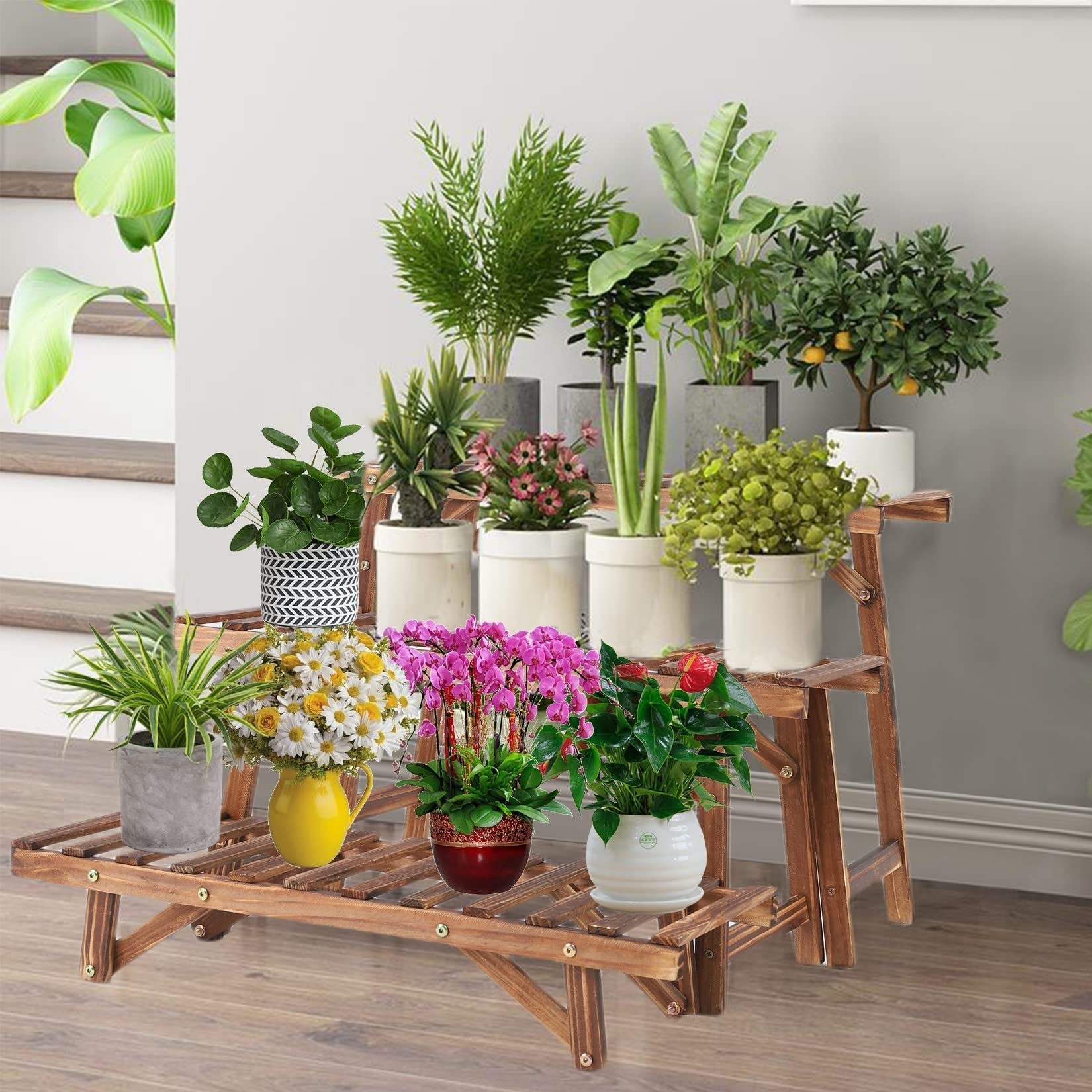 Support de fleurs à 3 niveaux autonome en bois pour plantes d'intérieur et d'extérieur