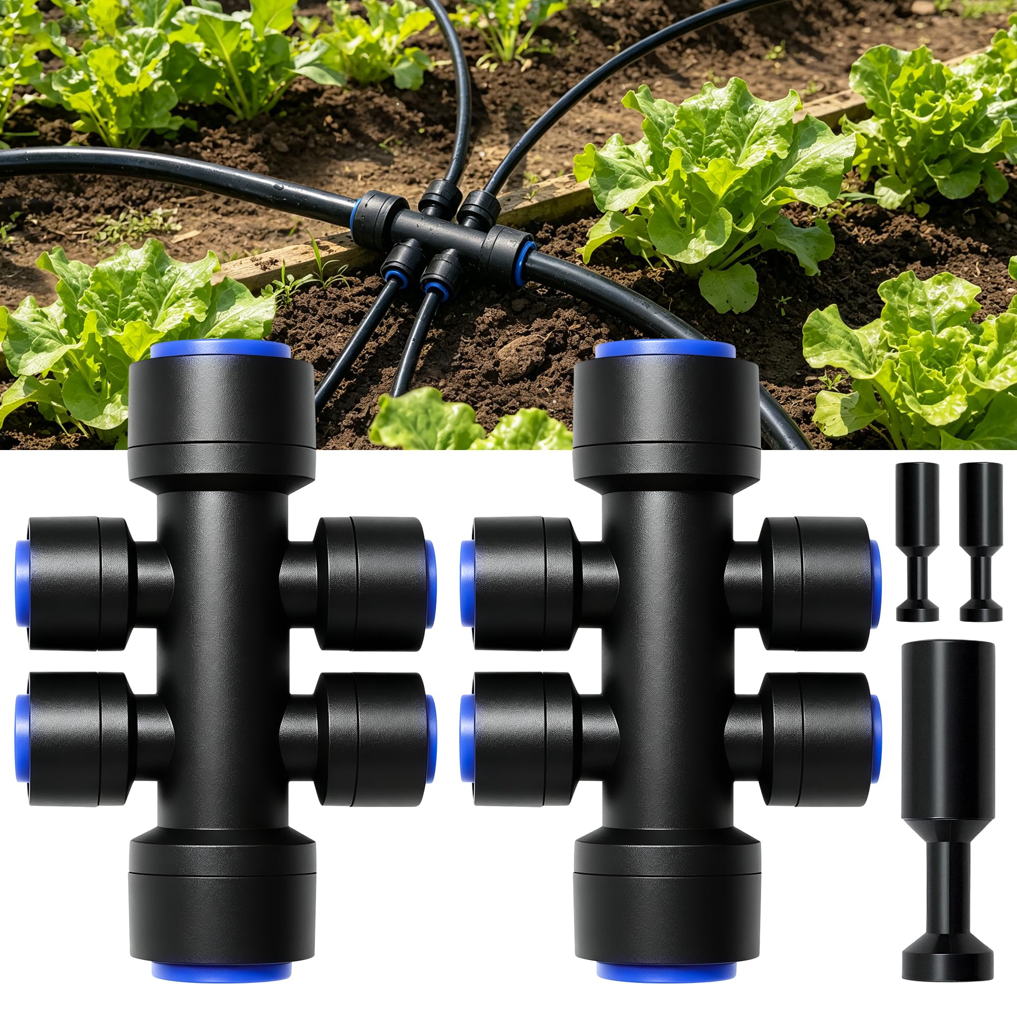 Photo 1 of 2 Pack 6-Way Drip Irrigation Connector, 3/8" to 1/4" Quick Connect Fittings