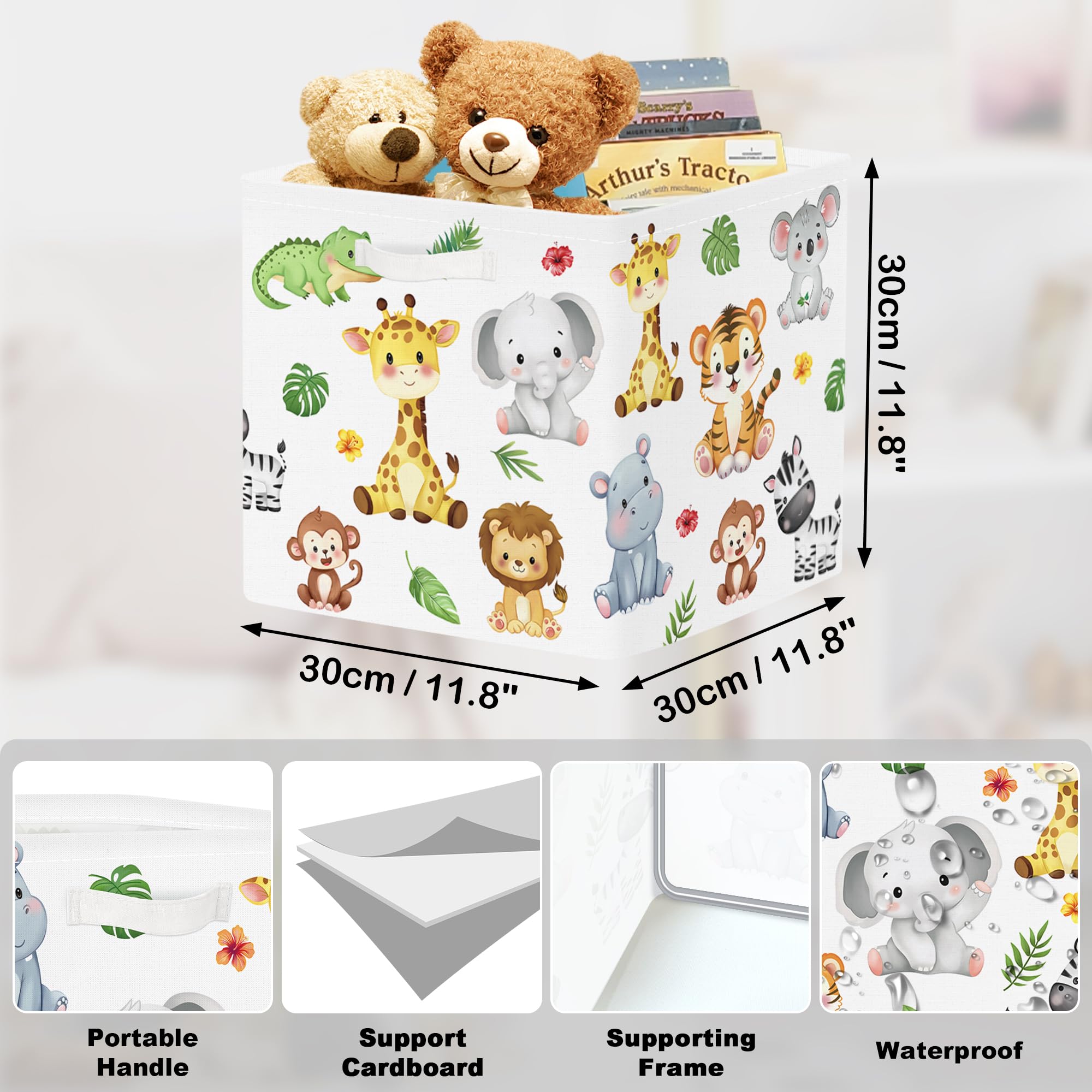 Boîtes de Rangement Lot de 3 Animaux de La Forêt Paniers de Rangement Cube Lion Girafe Enfant Pliables Coffre à Jouets pour Étagères Livres, Tigre