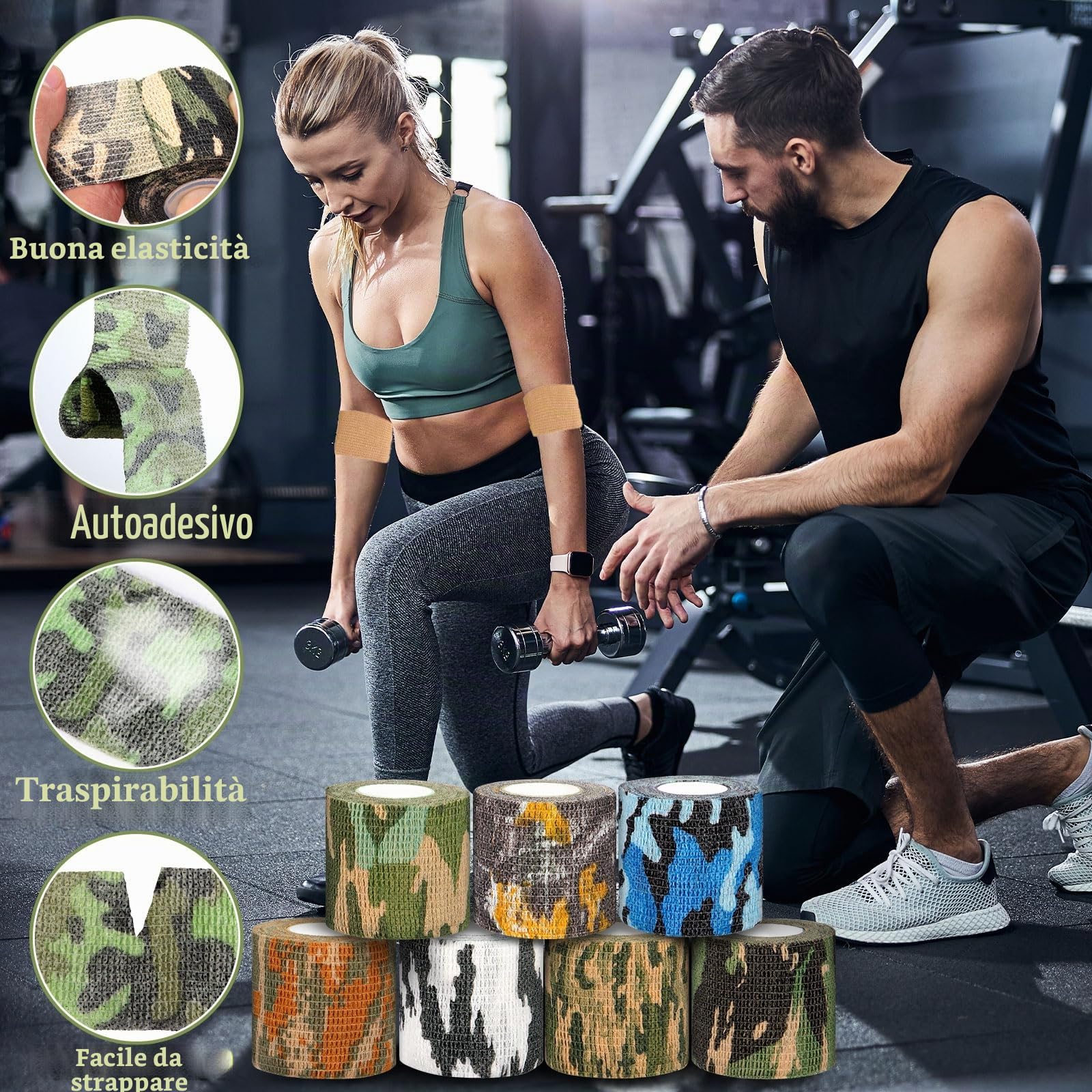 16 Rotoli Benda Elastica Autoadesiva, 5cmx4,5m Benda Elastica Coesiva, Nastro Crossfit, Garza Adesiva Coesiva Benda per Sportivo, Dita, Caviglia, Ginocchia, Gatti, Cani, Cavalli, Mimetico