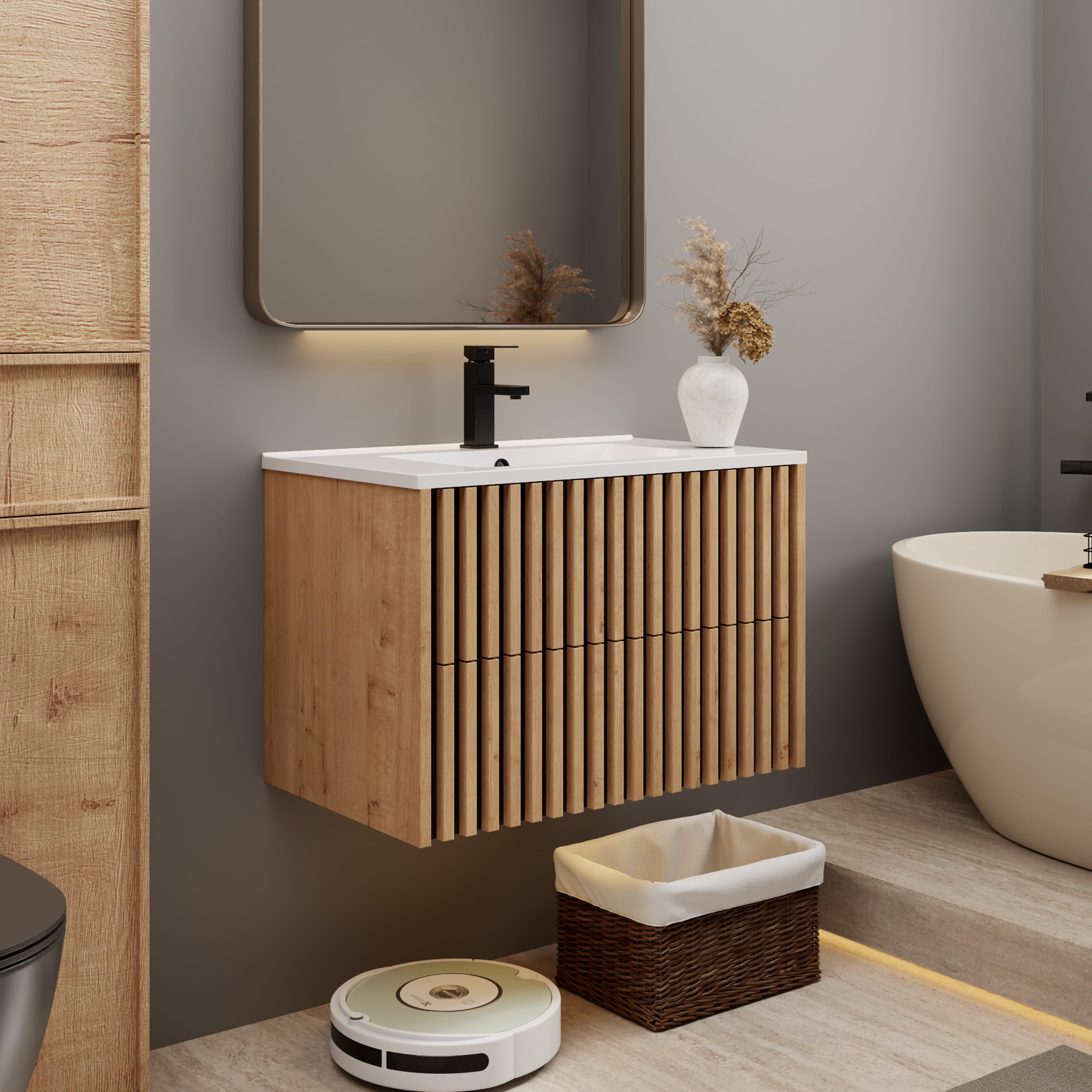 eclife 30' Floating Bathroom Vanity (White Mixed Natural)