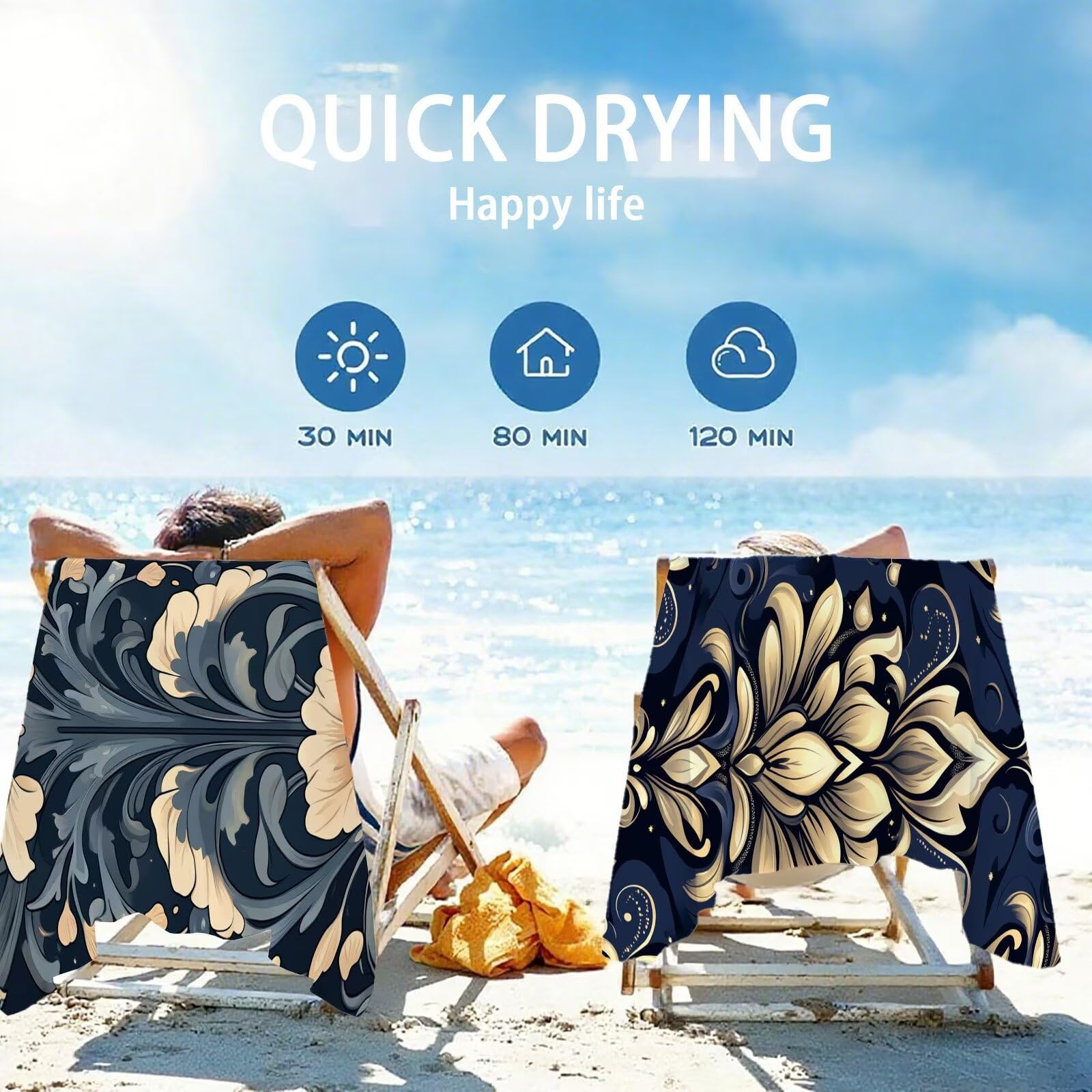 Ręcznik plażowy z mikrofibry, 85 x 170 cm, kwiatowy ręcznik plażowy, nowoczesny, do sauny, bez piasku, szybkoschnący, chłonny ręcznik plażowy, ręcznik sportowy na podróż, urlop, do pływania, na