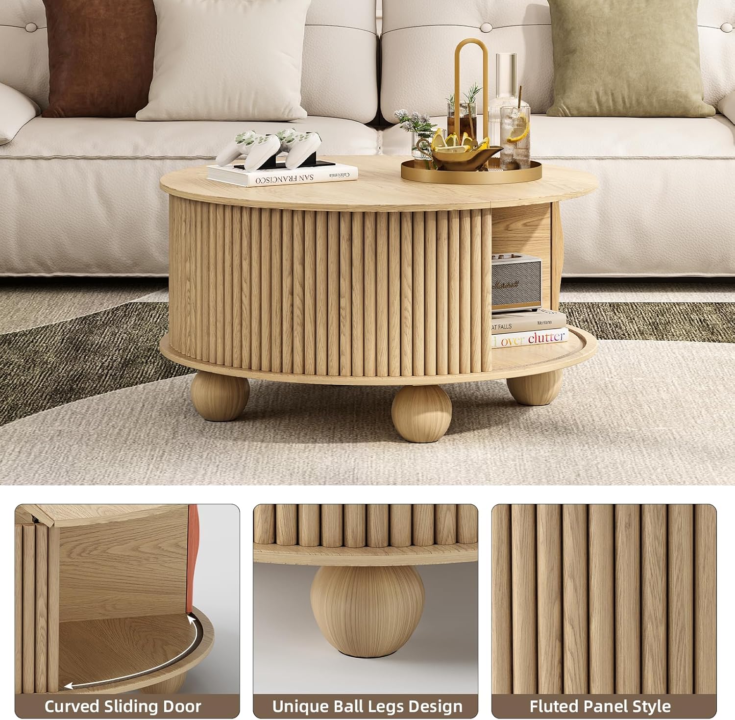 Round Coffee Table with Storage,Fluted Lift Up Coffee Table with Sliding Door,31.5" Drum Center Table with Bun Feet for Living Room,Home Small Space,Oak Round_Bun Feet Oak