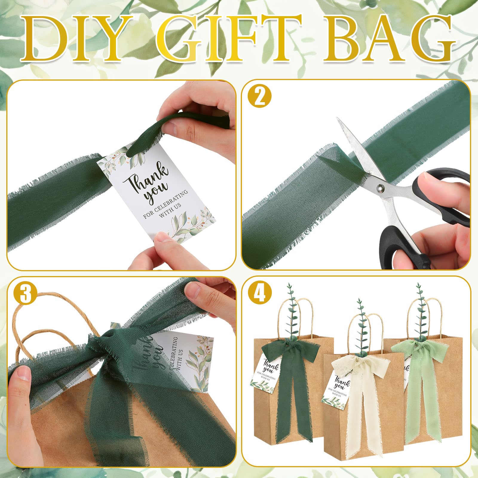 Motipuns Lot de 50 sacs de mariage en vrac pour invités - Vert sauge - Sacs cadeaux de bienvenue avec tiges d'eucalyptus artificielles et ruban en mousseline de soie - Cartes de remerciement pour fête