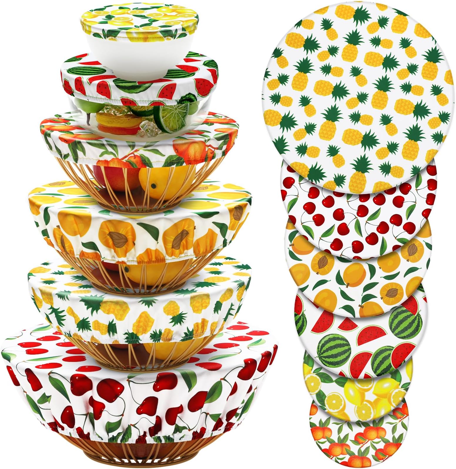 CHENGU 12 Pcs Reusable Bowl Covers Bulk 5 Size Elastic Cloth Fabric Bowl cover for Bread Proof Rising Sourdough Dish Food Stretchy Storage(Fruit Style,Bright Color)